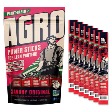 AGRO POWER Vegan Jerky Sticks  Savory Original Plant-Based  7 Stick Bag with 10g Protein  Non-GMO  40% Less Sodium  Zero Cholesterol  Meat Alternative  High Protein Snack for Lunch  On-the-Go Fuel