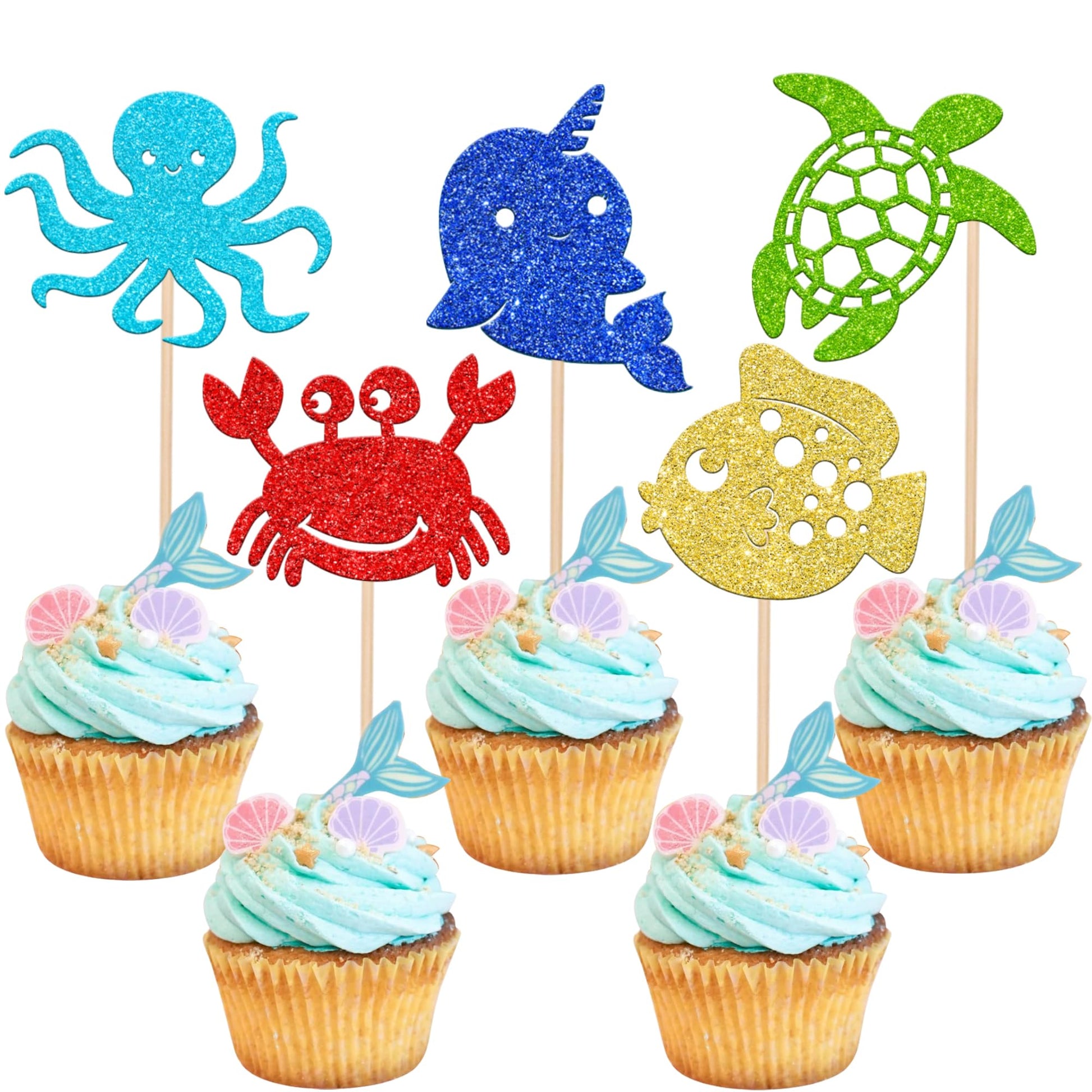 30 Pcs Ocean Sea Animals Cupcake Toppers Narwhal Fish Turtle Octopus Crab Cupcake Picks Baby Shower Under The Sea Animals Theme