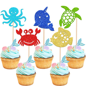 30 Pcs Ocean Sea Animals Cupcake Toppers Narwhal Fish Turtle Octopus Crab Cupcake Picks Baby Shower Under The Sea Animals Theme