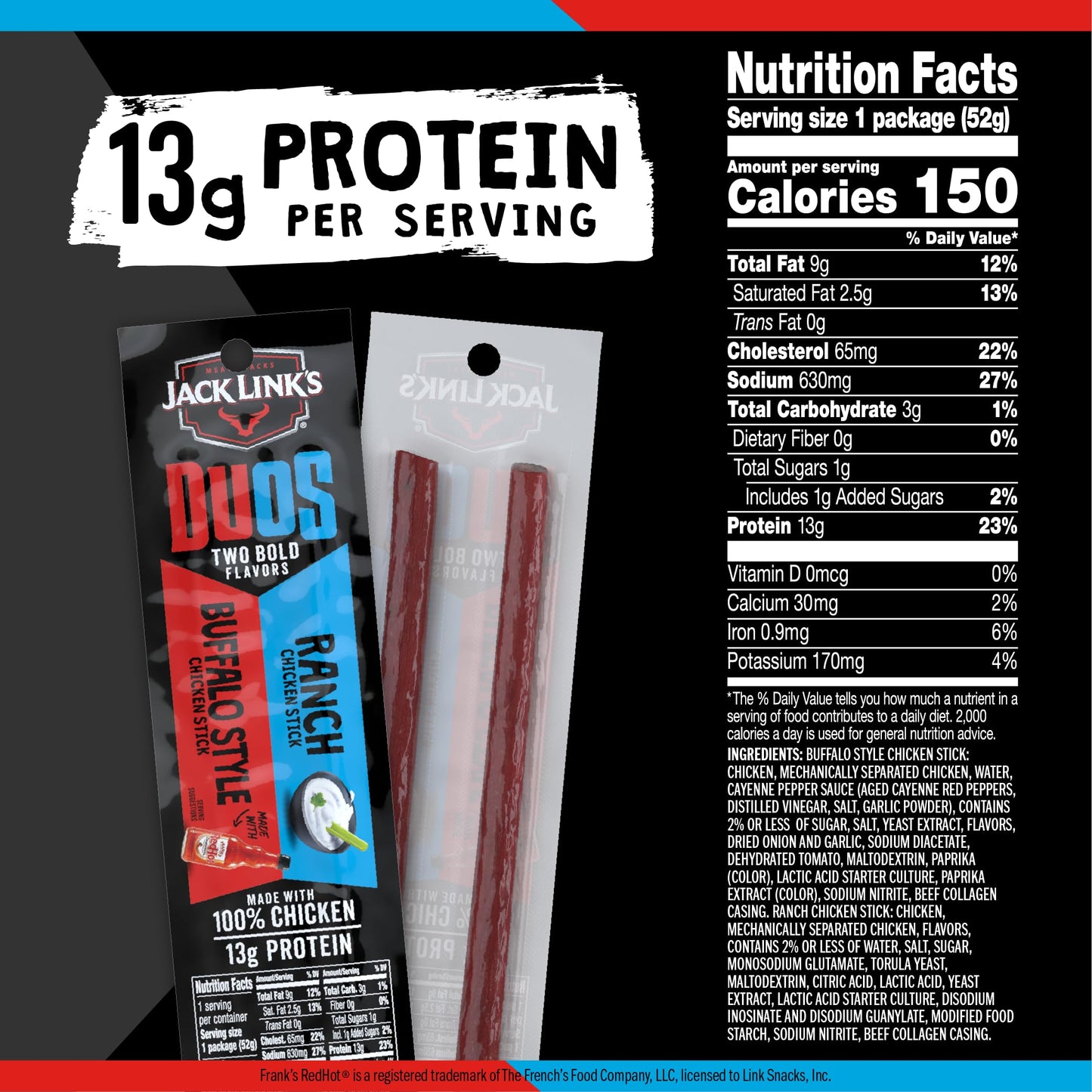 Jack Link s DUOs Chicken Jerky Meat Snack Sticks with 13g Protein - Frank s RedHot Buffalo Style With Creamy Ranch  Made with 100% Chicken  Two Flavors in One Package  1.84oz (10 Pack of 2 Sticks)