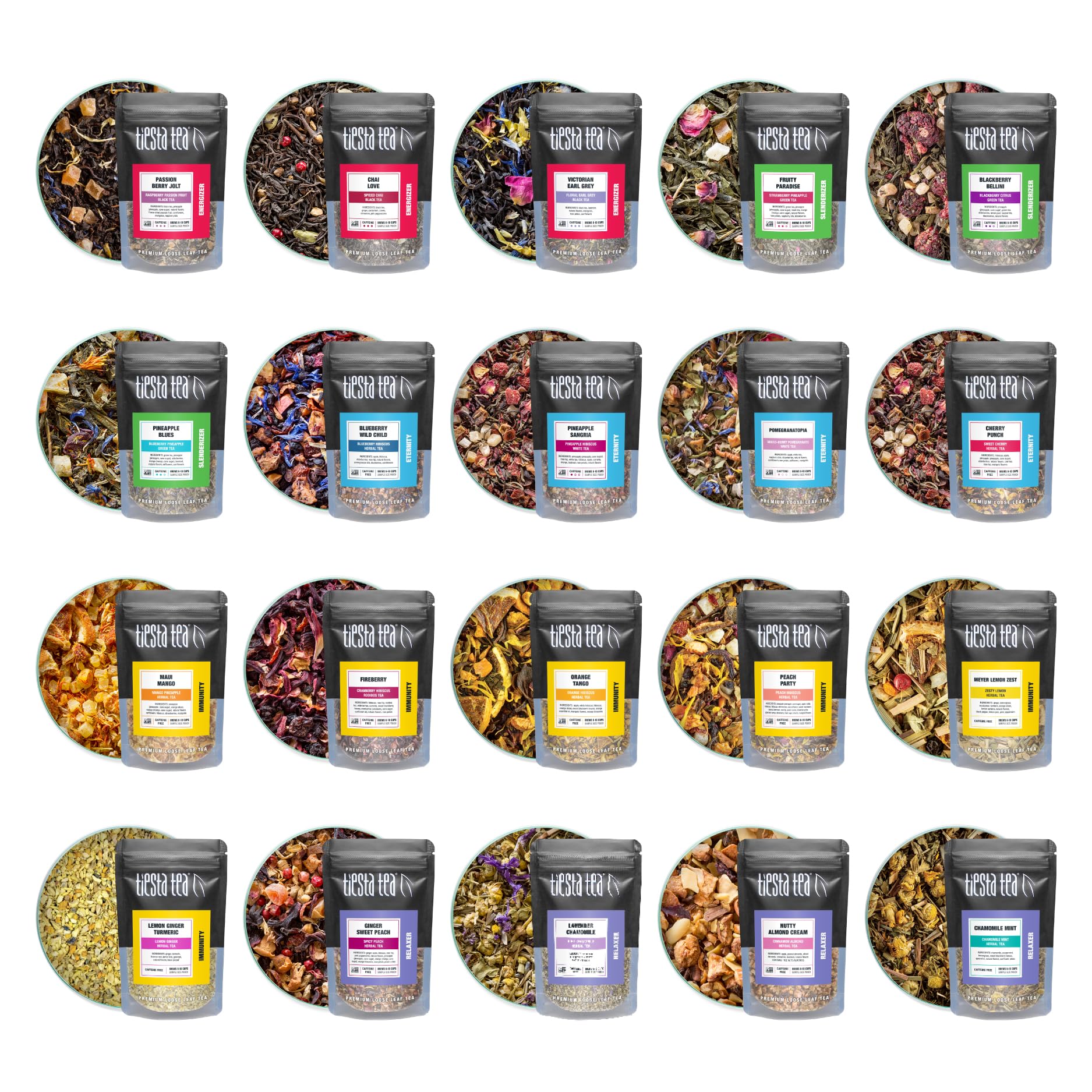 Tiesta Tea Discovery Tea Sampler Set, 20 Loose Leaf Blends, Hot & Iced Tea, 20 Pouches, Up to 200 Cups