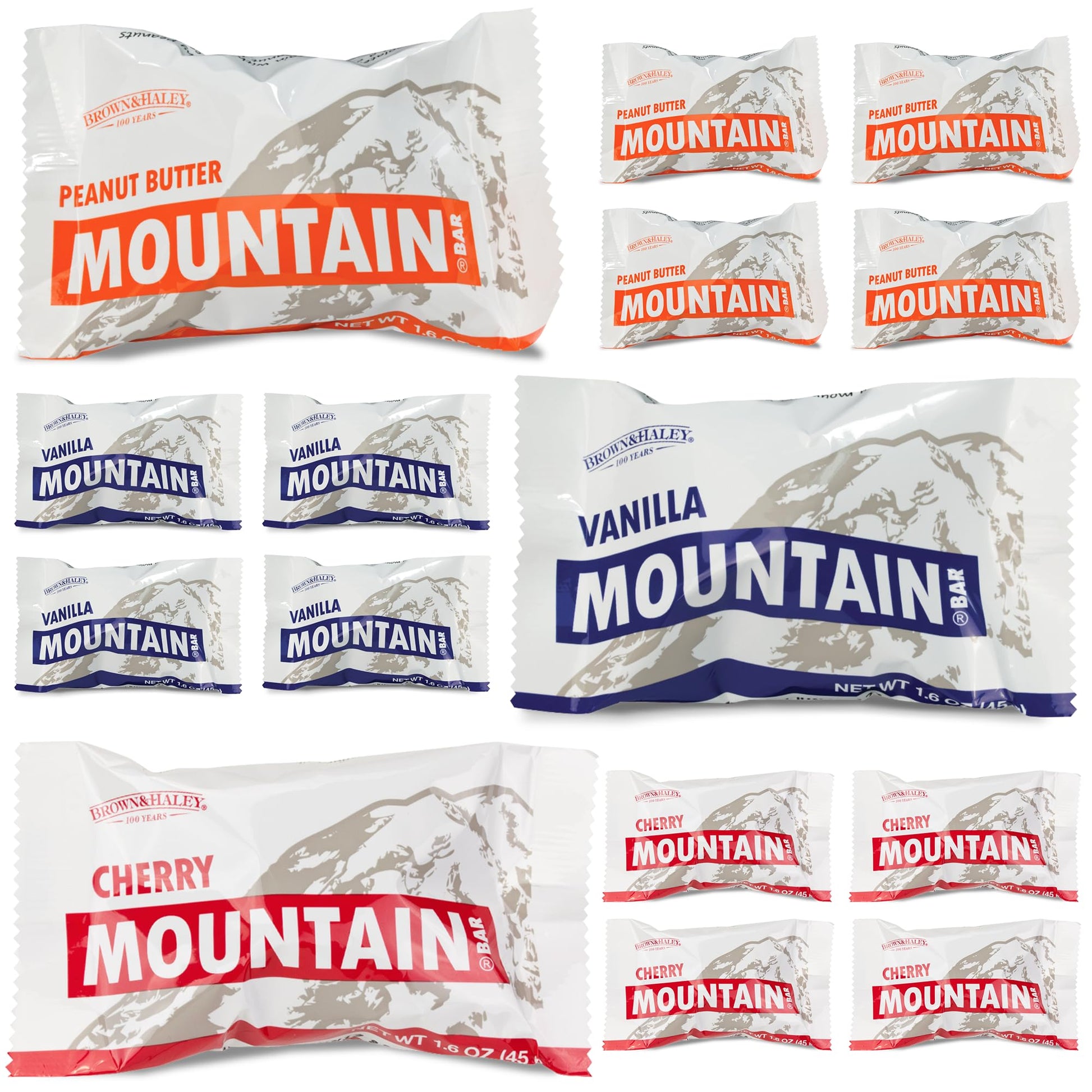 Almond Roca Case of 15 Mountain Bars Variety Pack - 5 Vanilla, 5 Cherry, 5 Peanut Butter - 1.6oz Individually Wrapped Chocolate Candy Bars - Chocolate Candy with Peanuts and Creamy Flavored Center