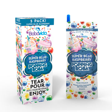 BOBAVIDA Popping Boba - Super Blue Raspberry Flavor - 5 Packets with Straws for Drinks, Desserts & Toppings