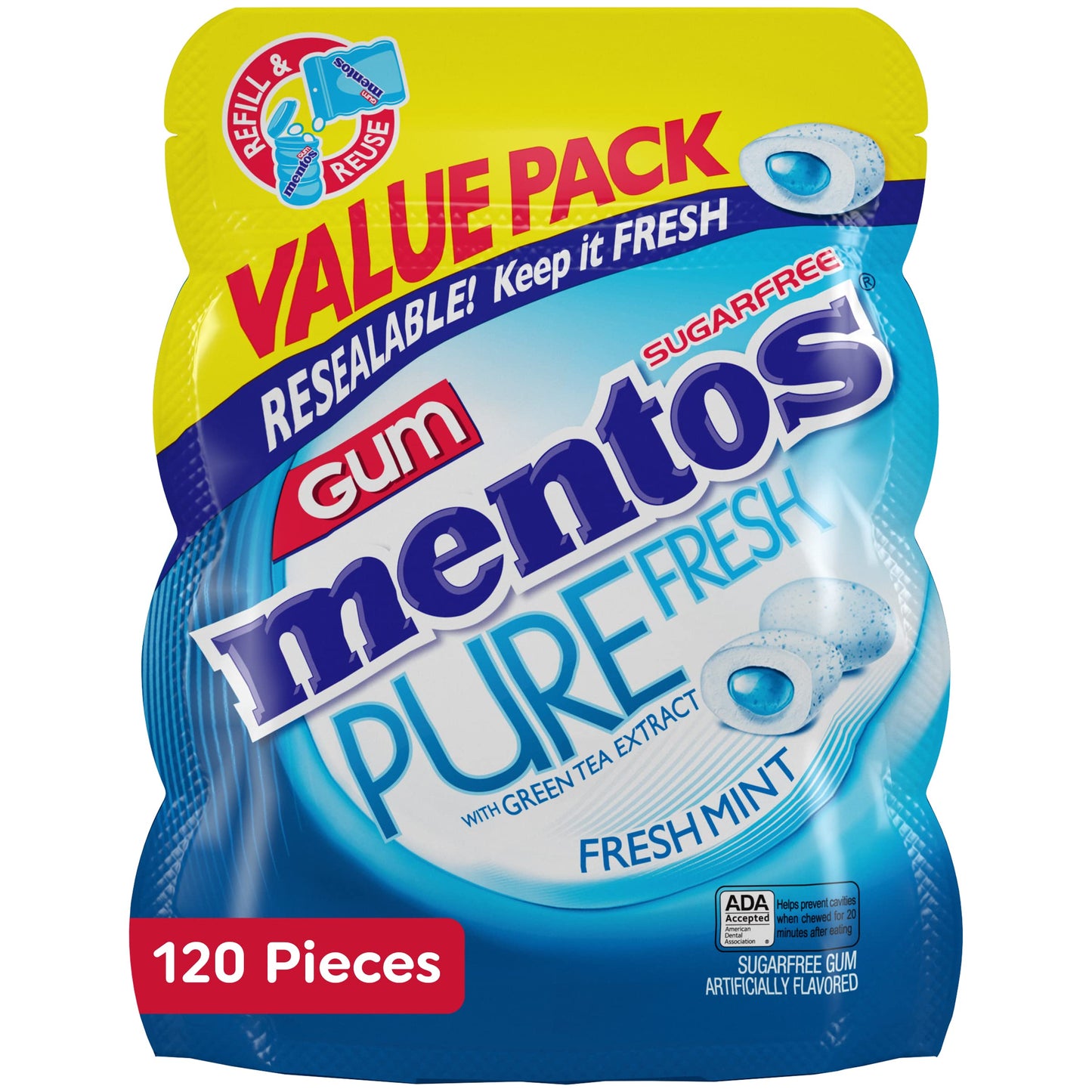 Mentos Pure Fresh Sugar-Free Chewing Gum With Xylitol, Fresh Mint, 120 Piece Resealable Bag ( Pack Of 4)