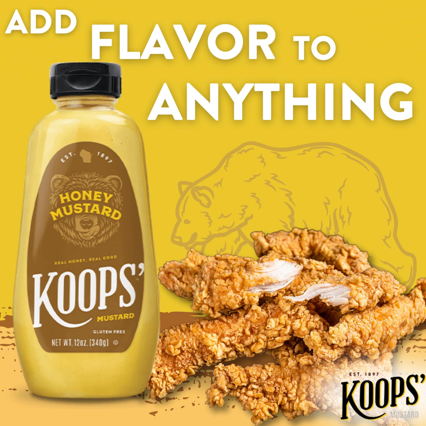 KOOPS Honey Mustard Gourmet Sauce, Gluten-Free & Kosher, 12 Oz, Pack of 4, Yellow