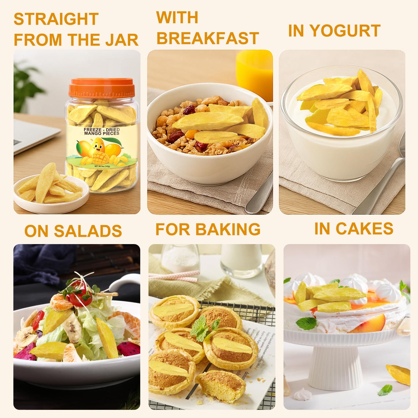5 Oz Enhanced Freeze-Dried Mango Sliced, Freeze Dried Fruit Mangoes, Crunchy Natural Snack With Low Calories, Fresh Mango-Chips, Fruit Snacks For Kids, Travel, Smoothie, Yogurt, Baked Goods, Holiday Gifts