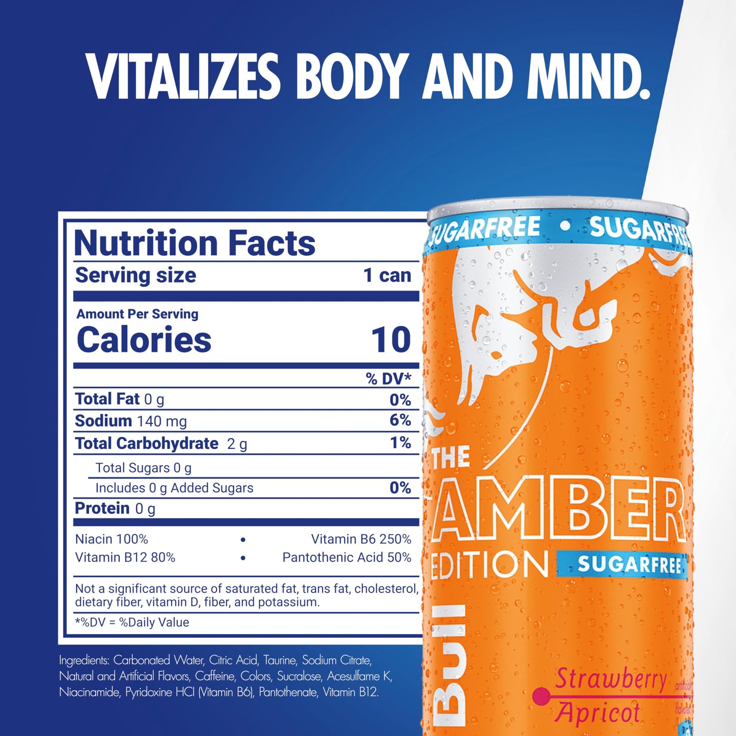 Red Bull Amber Edition Sugar Free Energy Drink, Strawberry Apricot, 8.4 Fl Oz, Pack of 4 Cans, Model RB243200