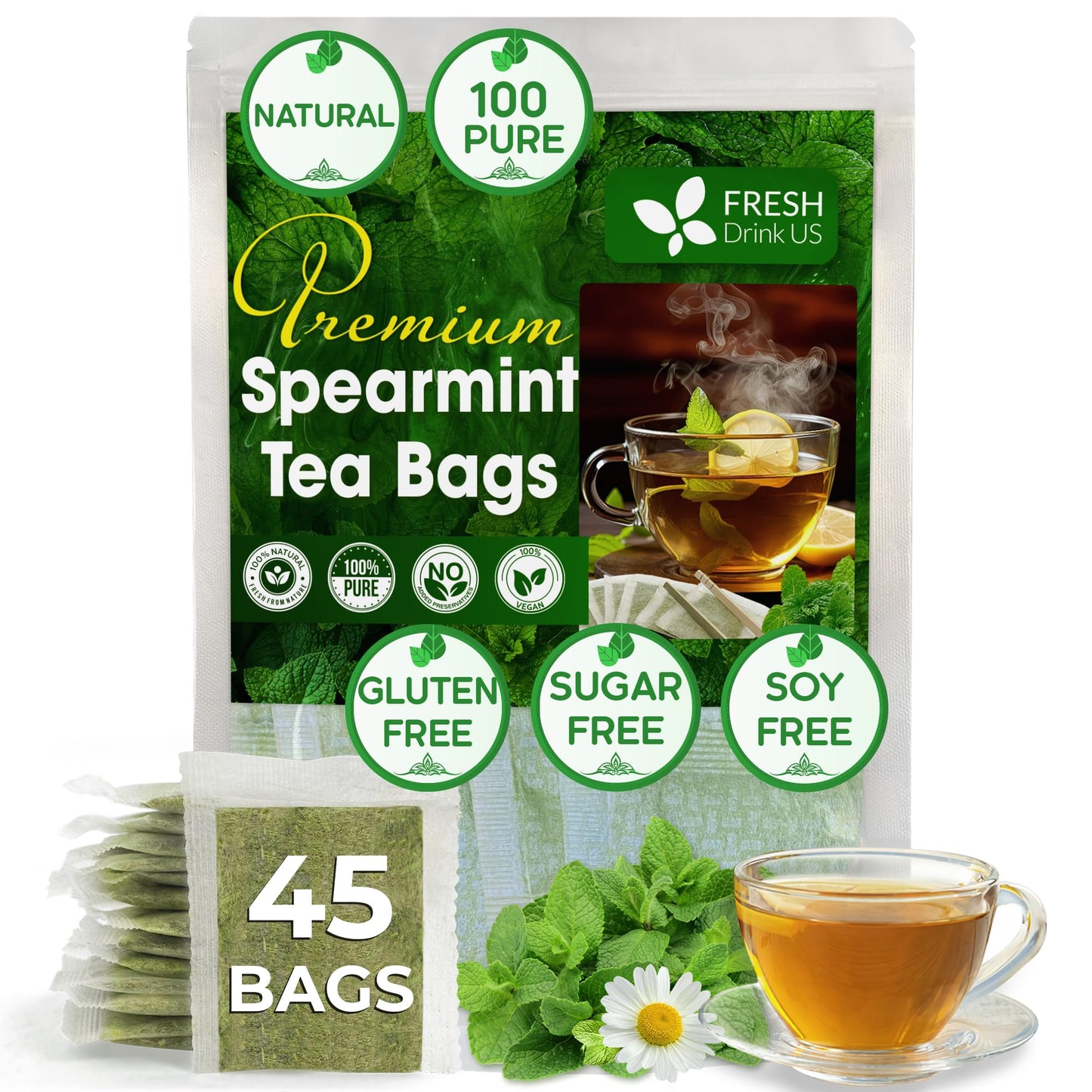 FRESHDRINKUS Spearmint Herbal Tea Bags, 100% Natural, Caffeine-Free, Vegan, 45 Tea Bags