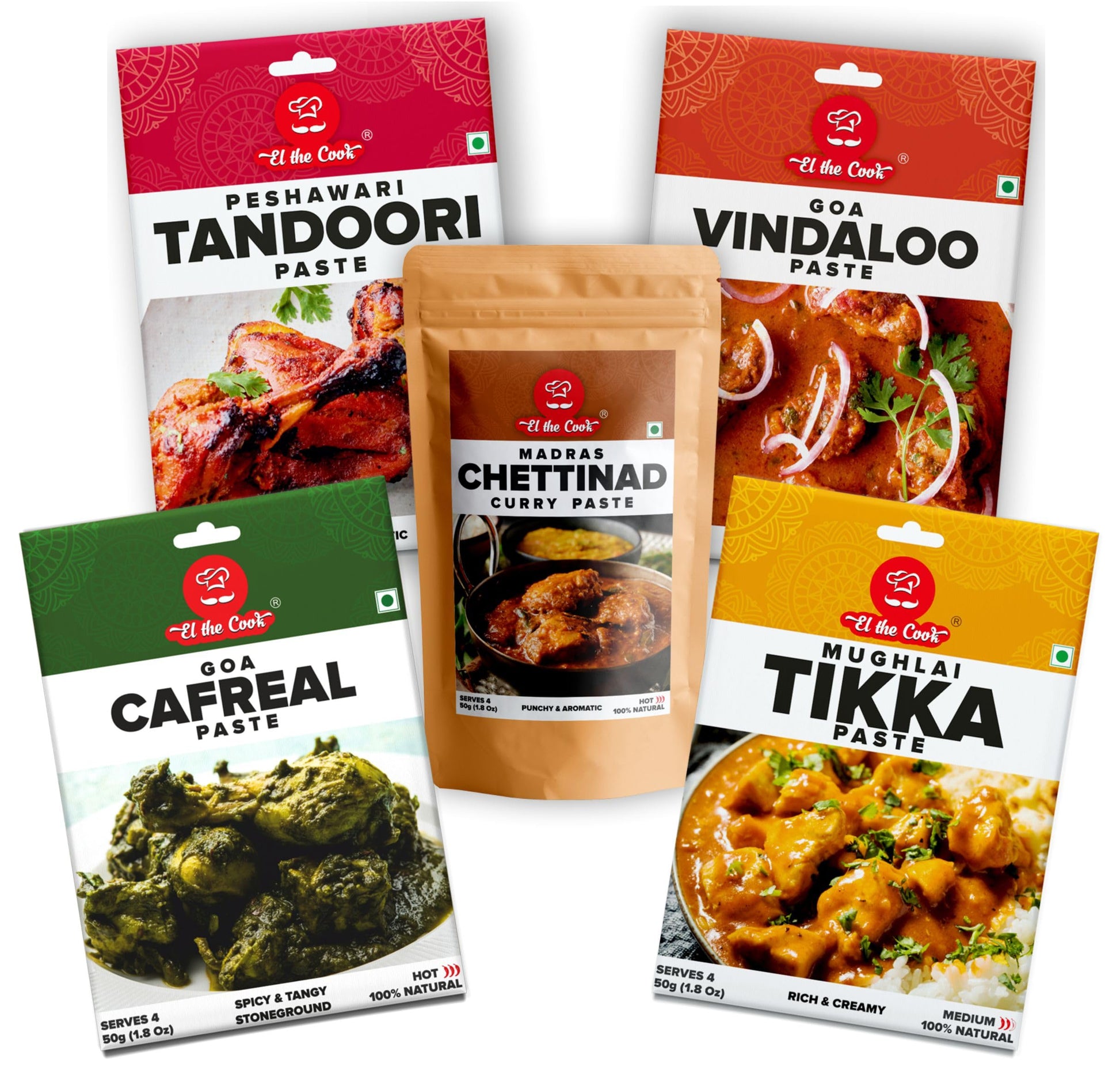 El The Cook Spicy Indian Combo- Instant Masala Pastes For Making Peshawari Tandoori, Mughlai Tikka, Madras Chettinad, Goa Cafrea