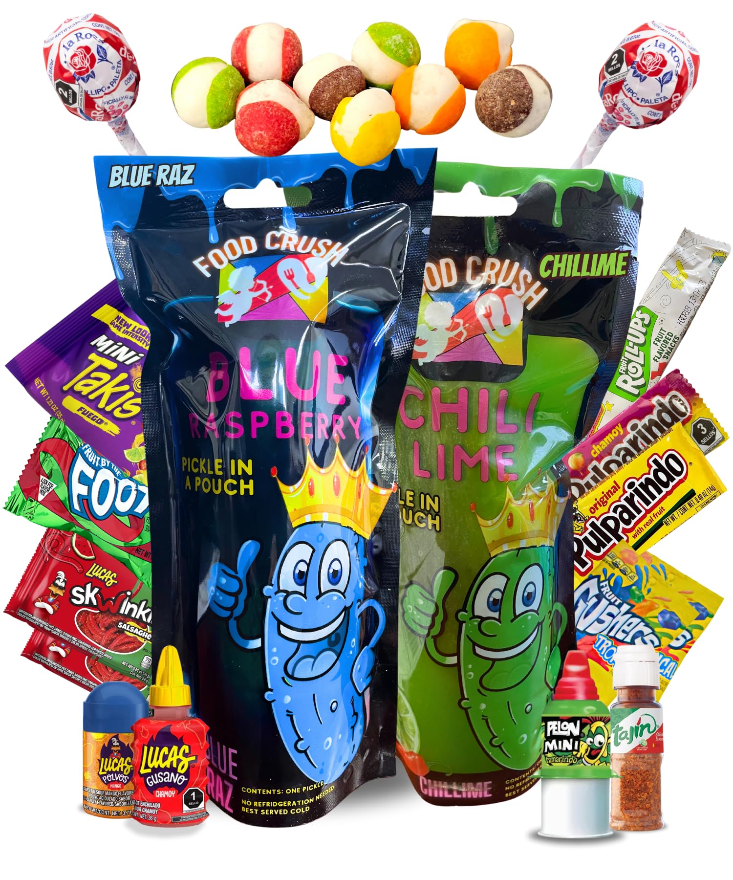 Blue Raspberry Pickle Kit W/ Hot Lime Pickle, 17 pcs-With Mexican Candy : Lucas Gusano Chamoy, Skwinkles, Fruit Rollup, Fruit By