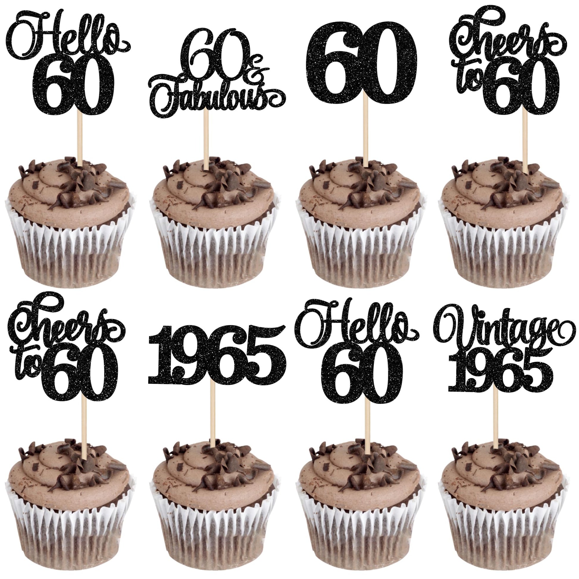 Rsstarxi Cupcake Toppers - Vintage 1965 Glitter Picks for 60th Birthday Party - Black Paper - 24 Pack