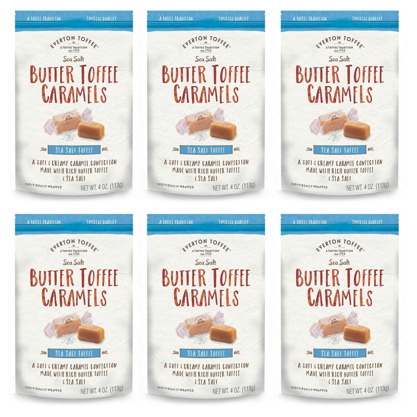 Everton Toffee Butter Toffee Caramels, Sea Salt Flavor (4 oz. bag, 6-pack). Gourmet, Artisan Soft and Creamy Toffee Caramels, Sm