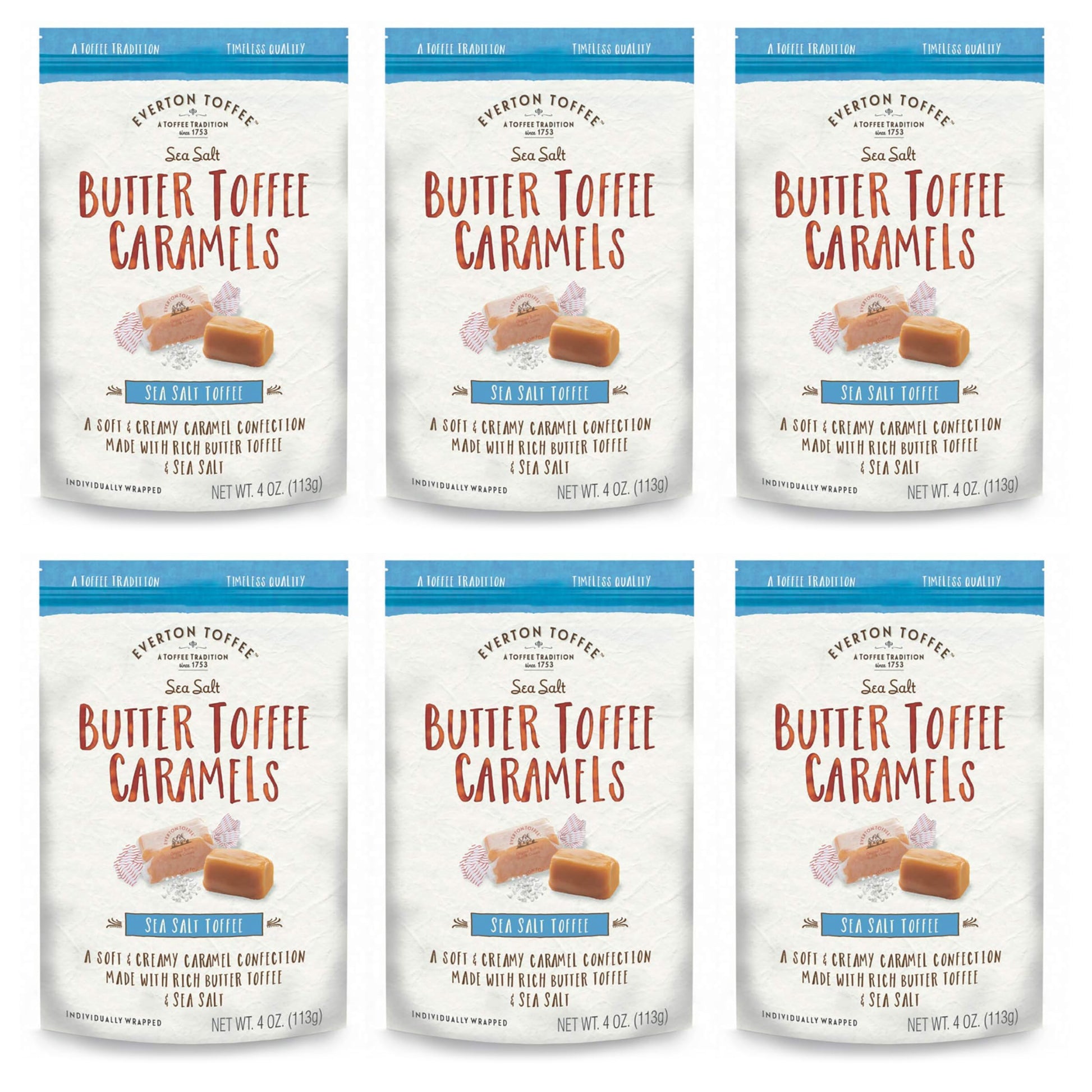 Everton Toffee Butter Toffee Caramels, Sea Salt Flavor (4 oz. bag, 6-pack). Gourmet, Artisan Soft and Creamy Toffee Caramels, Sm