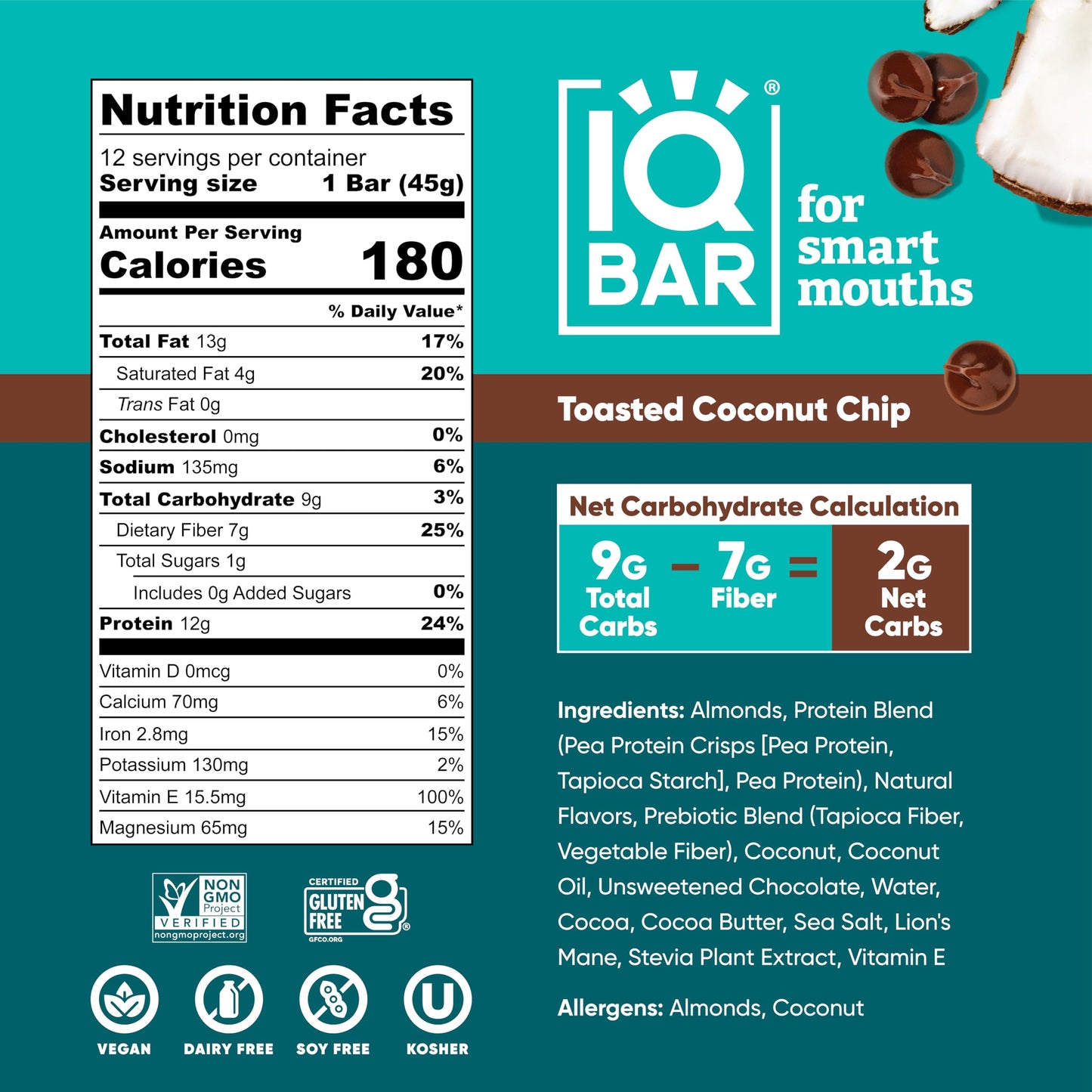 IQBAR Brain and Body Plant Protein Bars - Toasted Coconut Chip - 12-Count Low Carb - Gluten Free, High Fiber, Vegan Snacks - Low