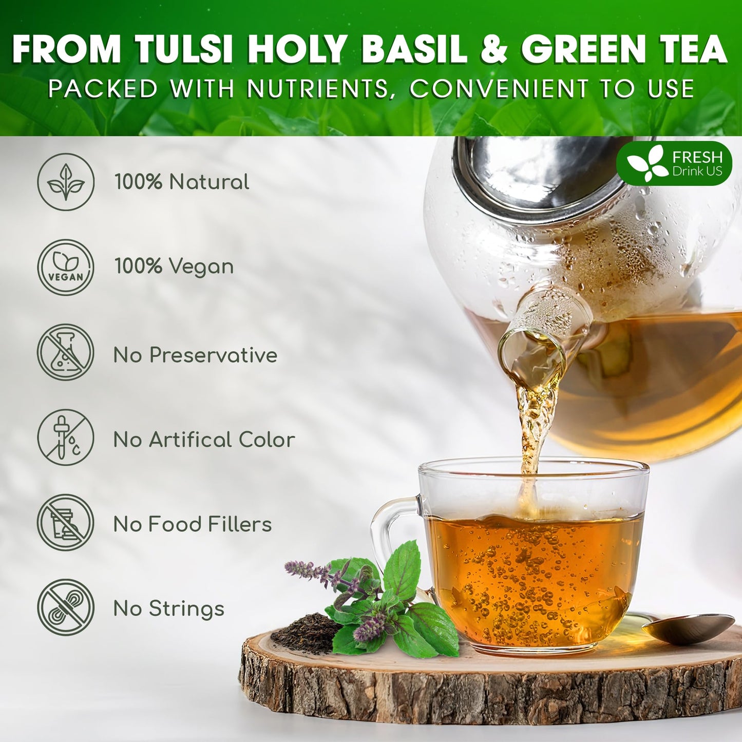 FRESHDRINKUS Premium Tulsi Green Tea Bags - 100% Natural, Vegan, 135 Tea Bags