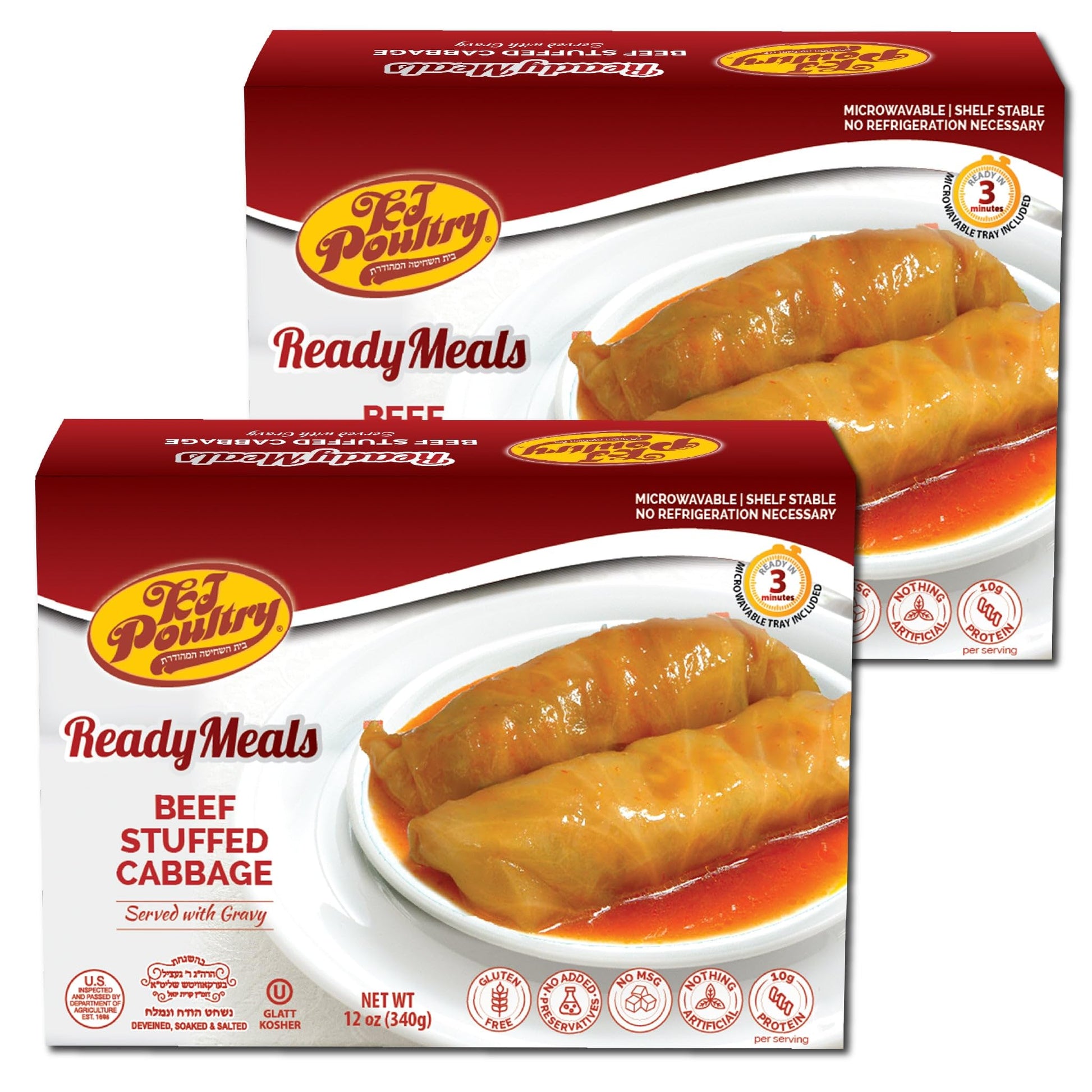 KJ Poultry Kosher Ready Meals - Beef Stuffed Cabbage Rolls, MRE Meat Meals Ready to Eat, Gluten Free (2 Pack) Prepared Entree Fu