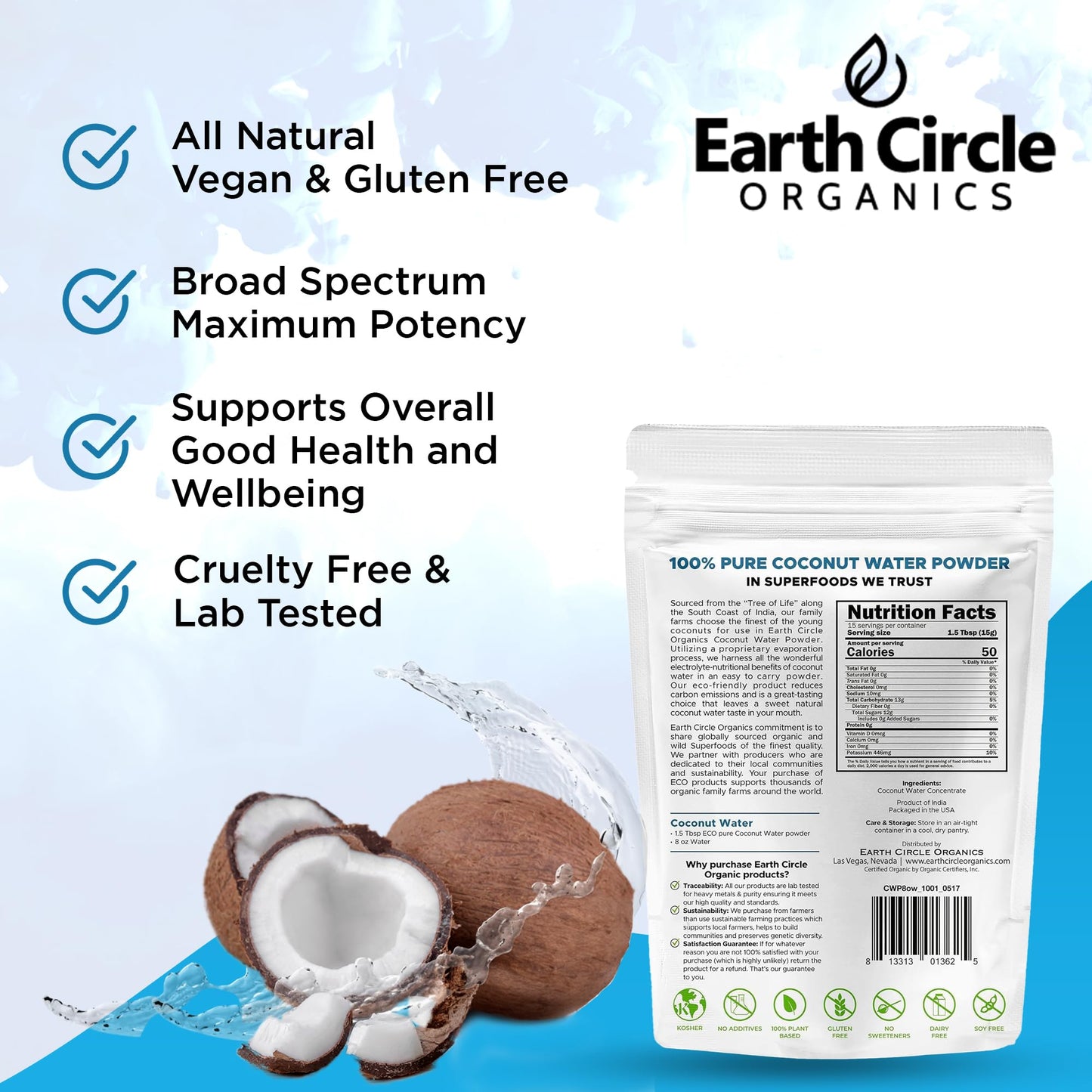 Earth Circle Organics Coconut Water Powder - Hydration dietary product, Vegan, Gluten Free, 8oz