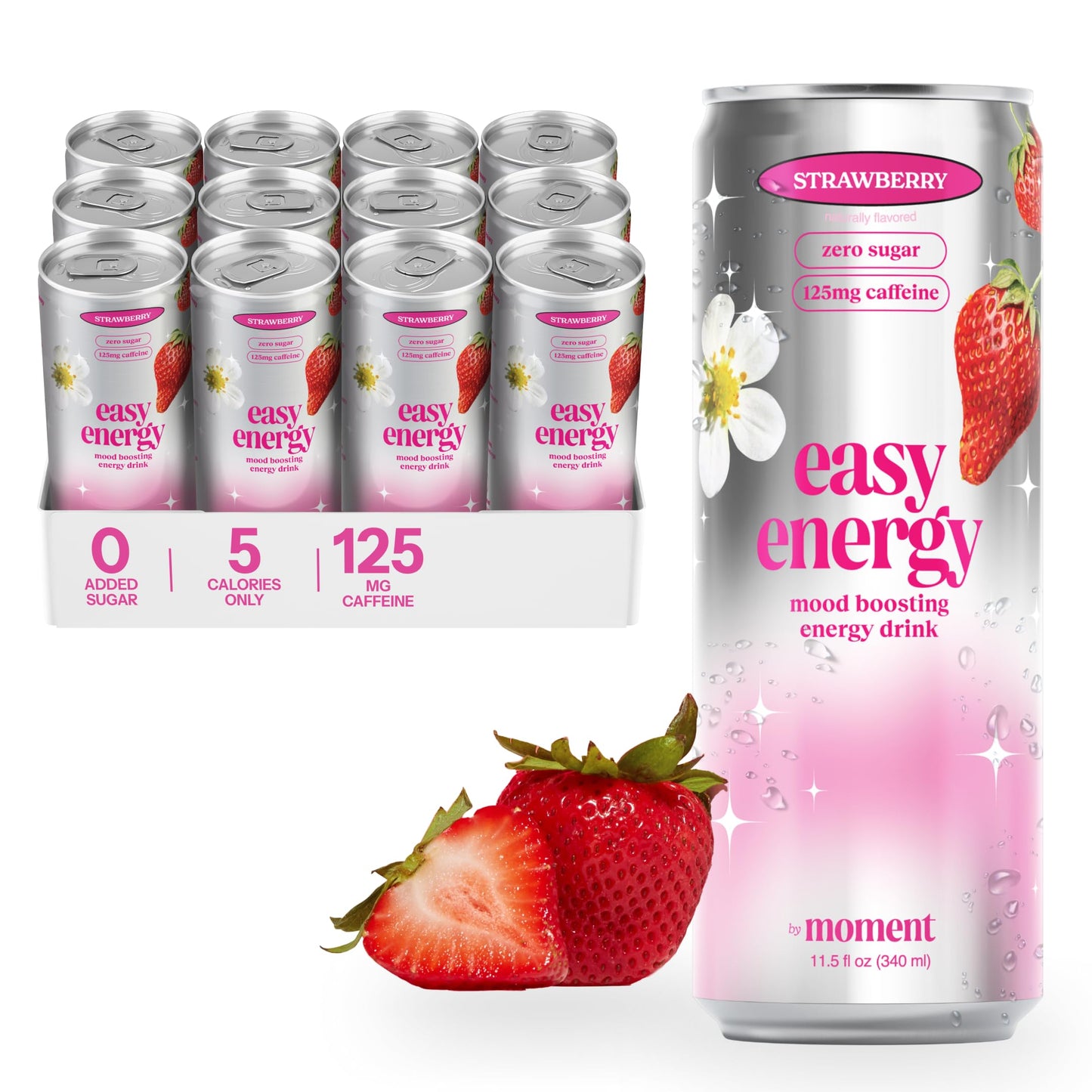 Easy Energy Drink (Strawberry) - Zero Sugar Sparkling Energy Drink With Natural Energy Blend  Magnesium & Lions Mane - Clean Energy For Workouts & Busy Days - 12 Pack