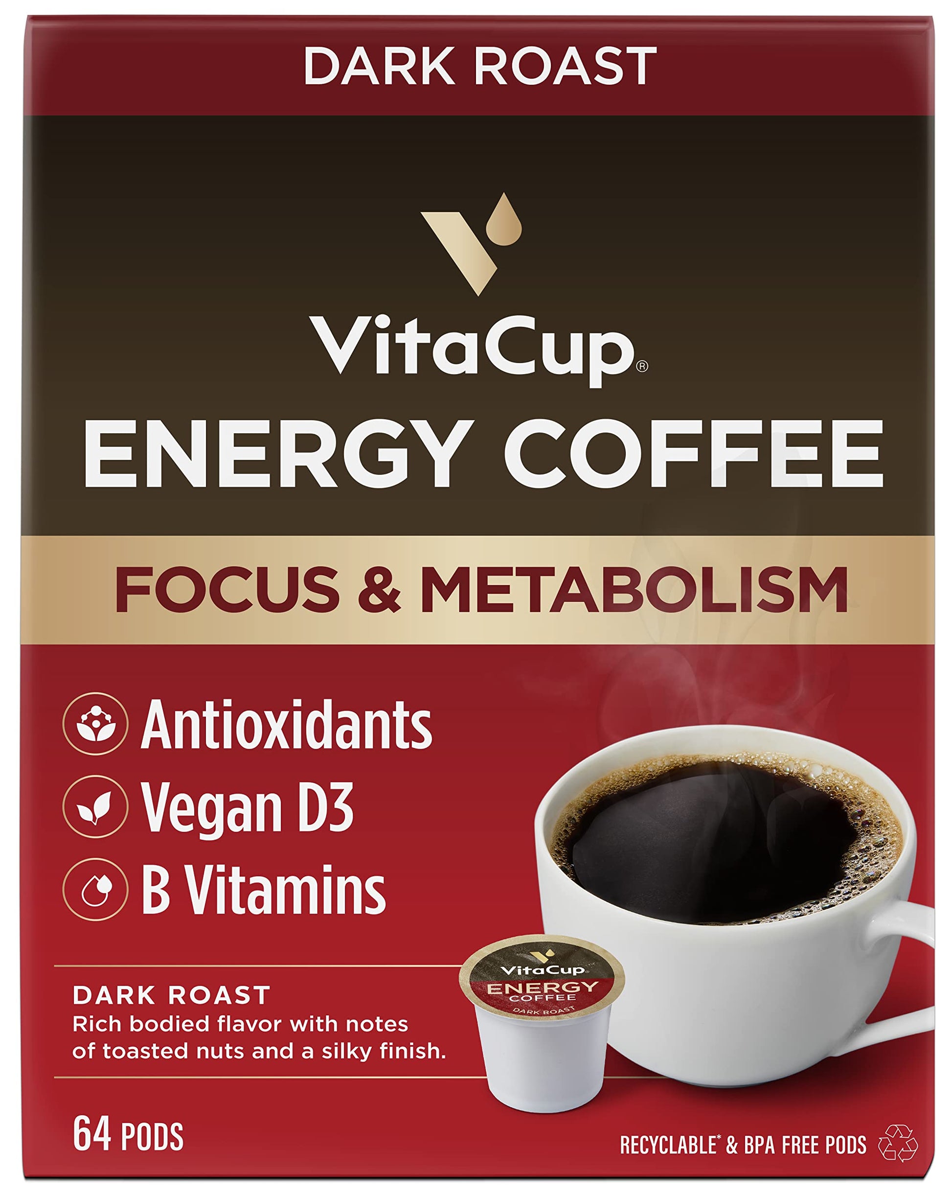 VitaCup Energy Dark Roast Coffee Pods, 100% Arabica, Recyclable, 64 Count