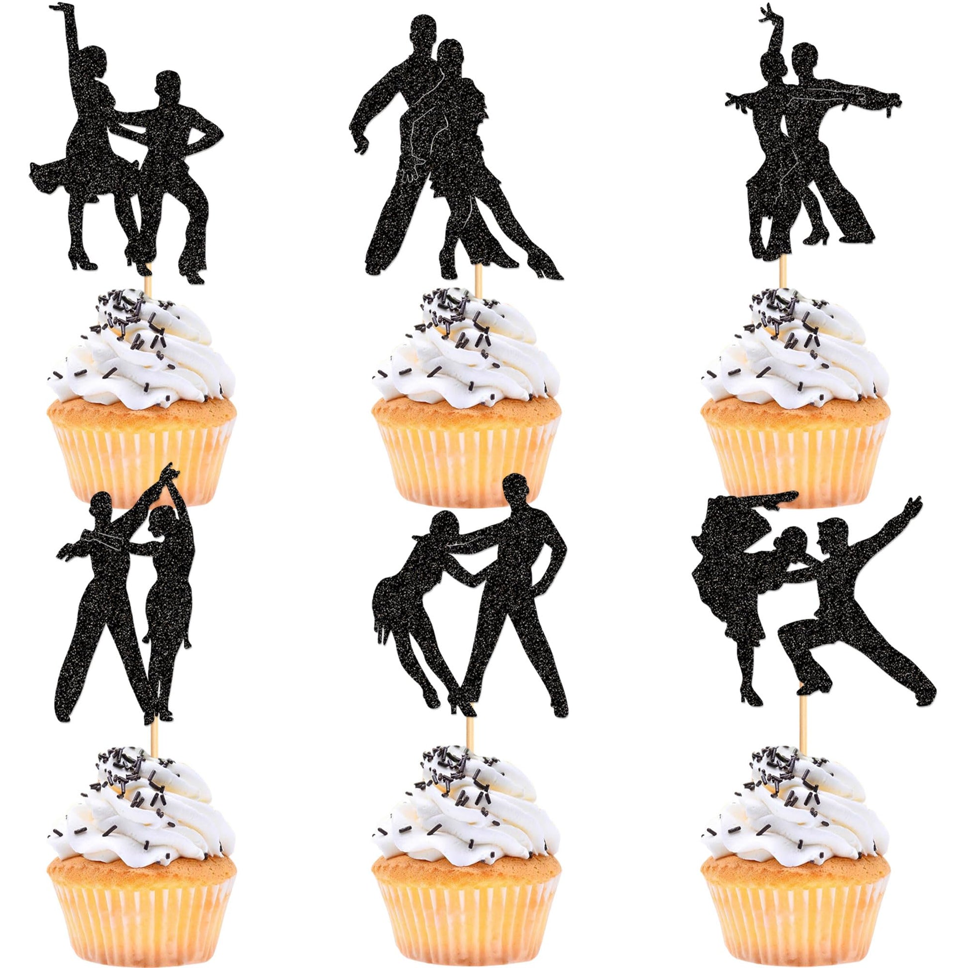 Ercadio 24 Pcs Latin Dance Cupcake Toppers Black Glitter Adulthood Ceremony Dancing Girl Boy Cake Birthday Picks For Dancing Cak