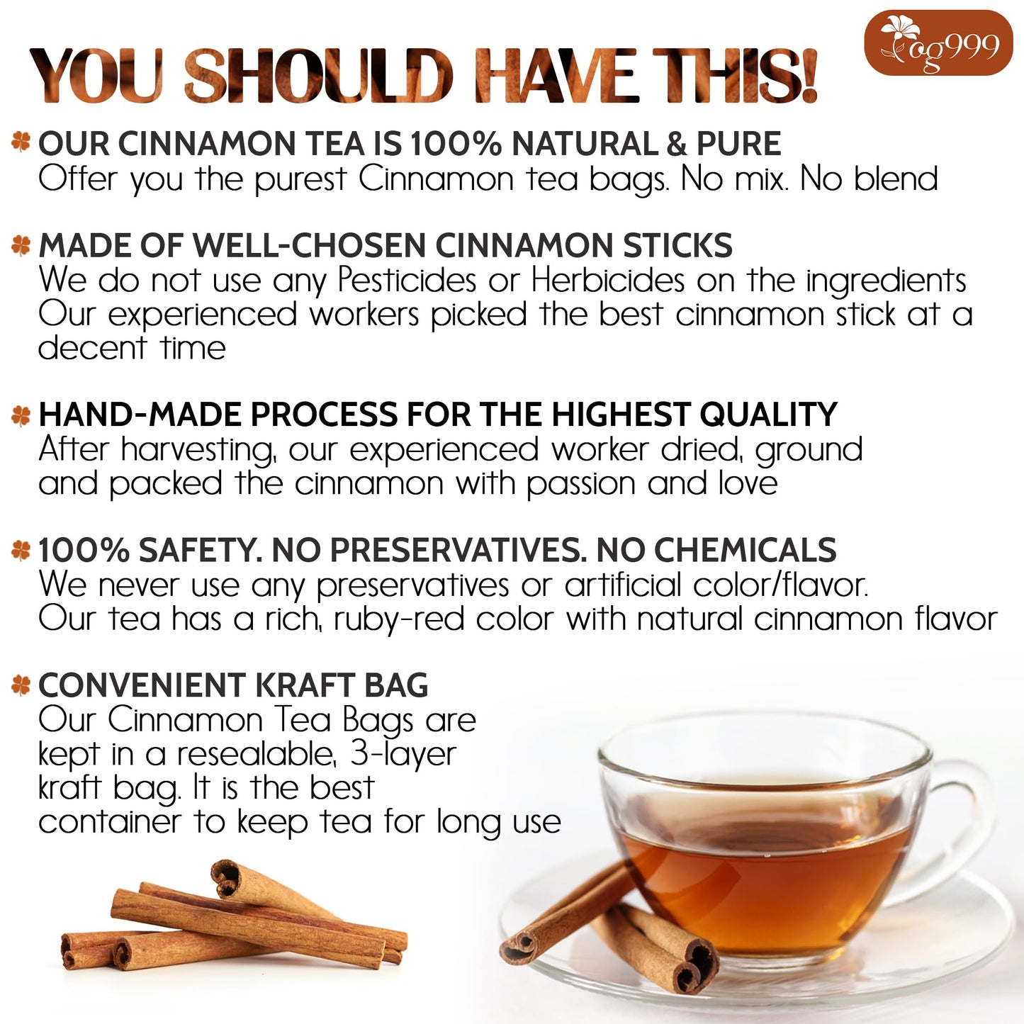 TOG999 Premium Herbal Tea - 100% Natural Cinnamon Tea, 30 Bags