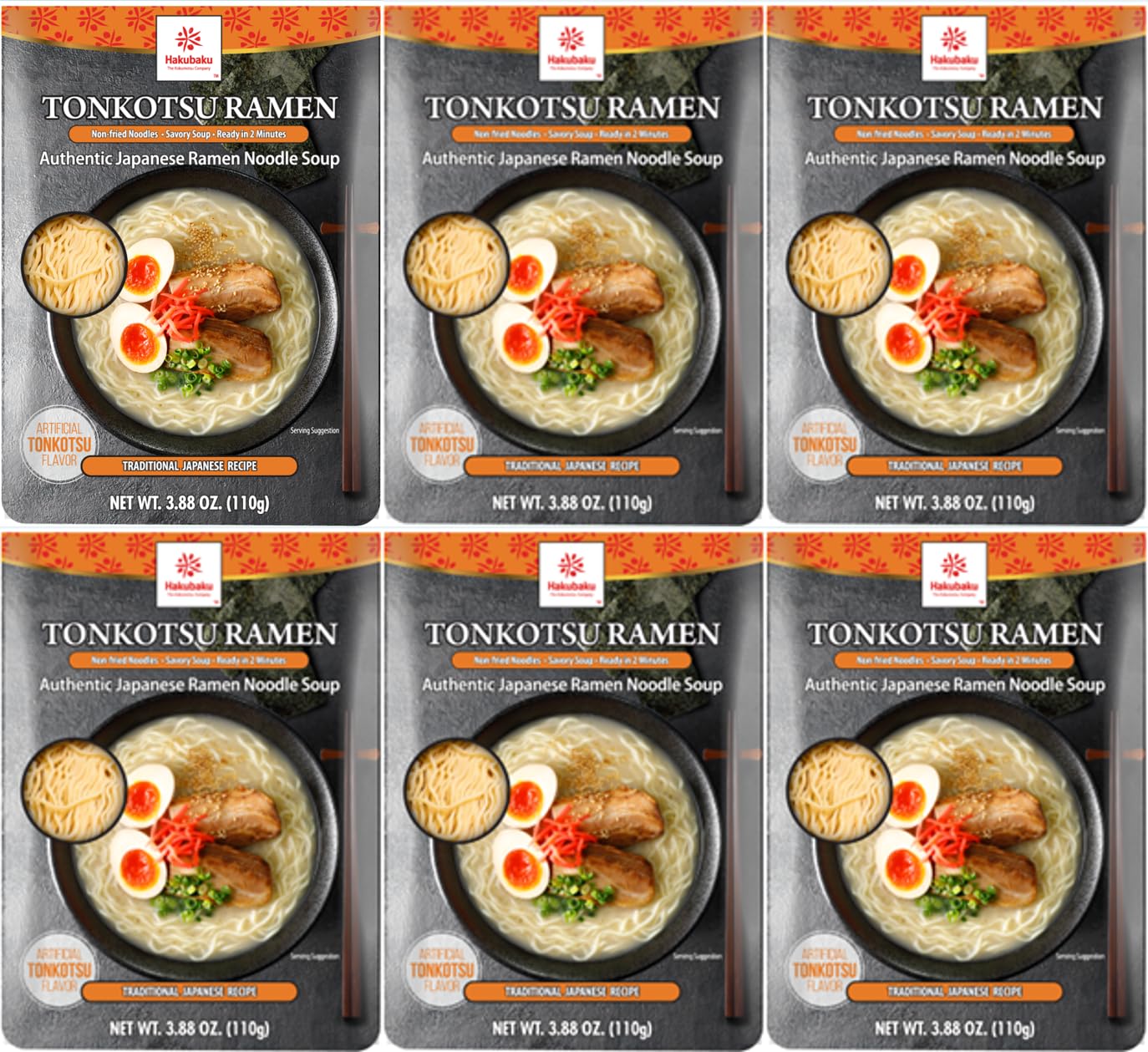 Hakubaku Authentic Japanese Ramen Noodles (Tonkotsu, 6 Pack)