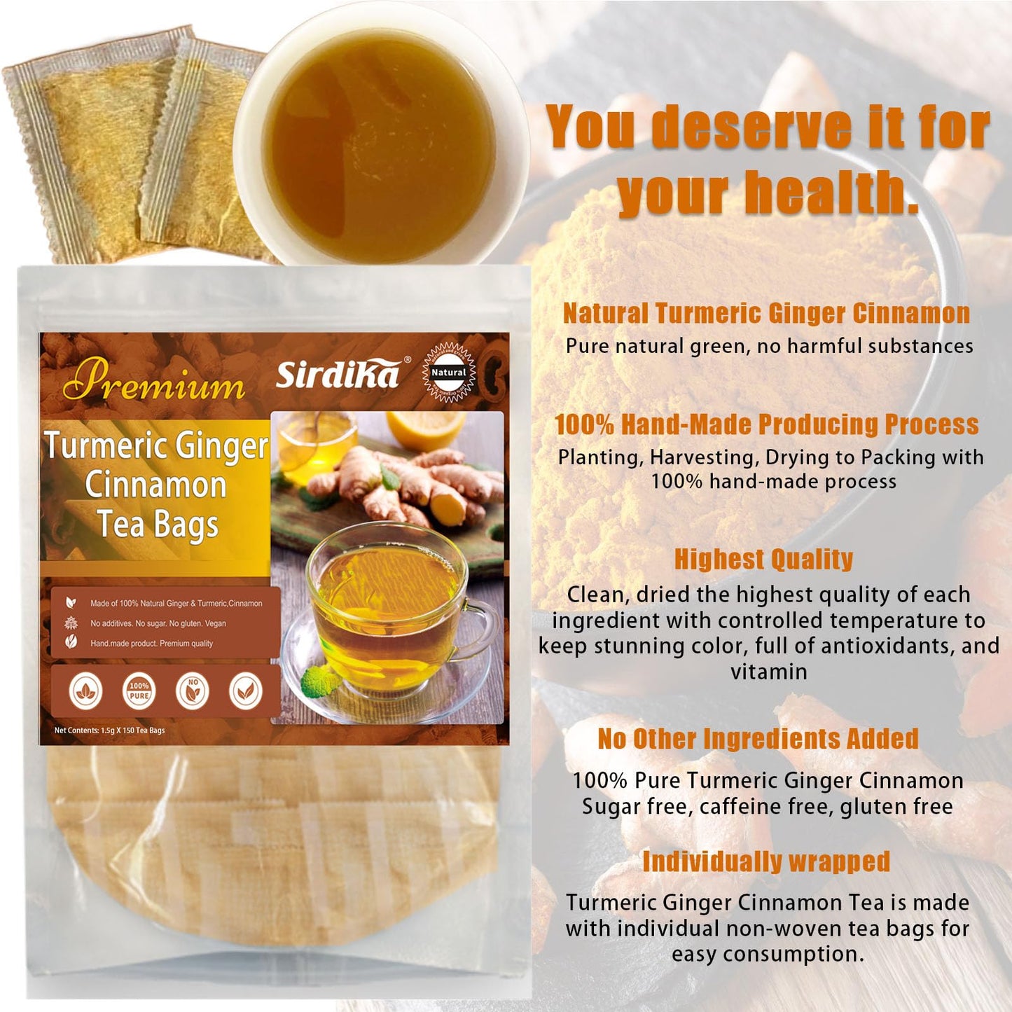 Wanciment Turmeric Ginger Cinnamon Tea - 150 Teabags, 100% Natural, Caffeine-Free, Hand-made Herbal Blend