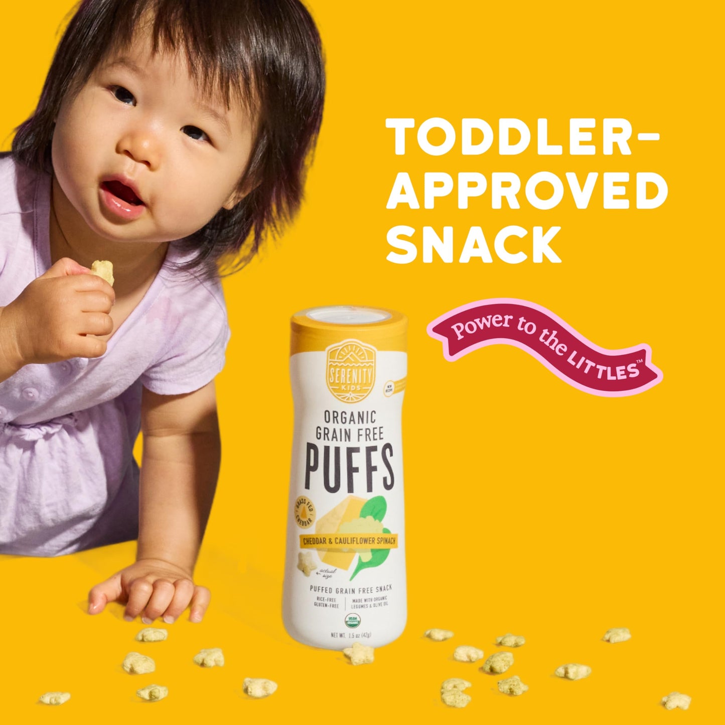Serenity Kids 6+ Months Grain-Free Allergen-Safe Puffs For Toddlers & Babies - No Grains, Gluten, Nuts, Rice - Organic Veggies, Legumes, Olive Oil (1.5 Ounce (1 Count), Cheddar & Cauliflower Spinach)