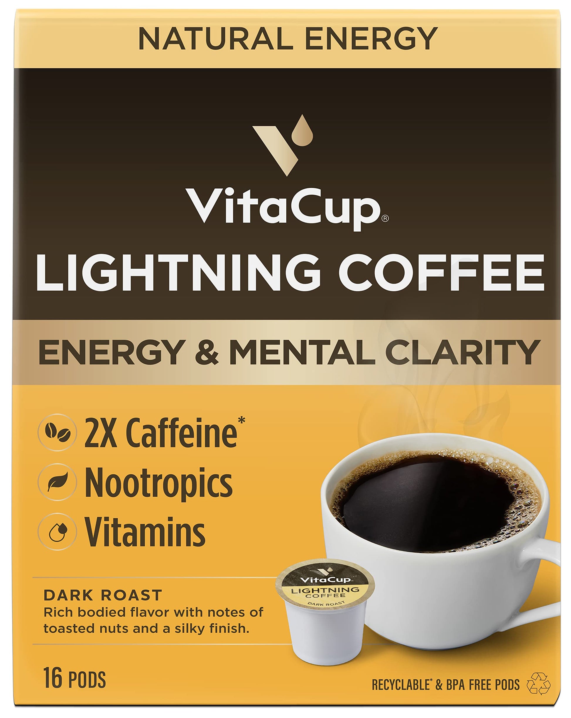 VitaCup Lightning Coffee Pods, Strong Dark Roast, 2X Caffeine, 16 Count, Compatible with Keurig K-Cup Brewers