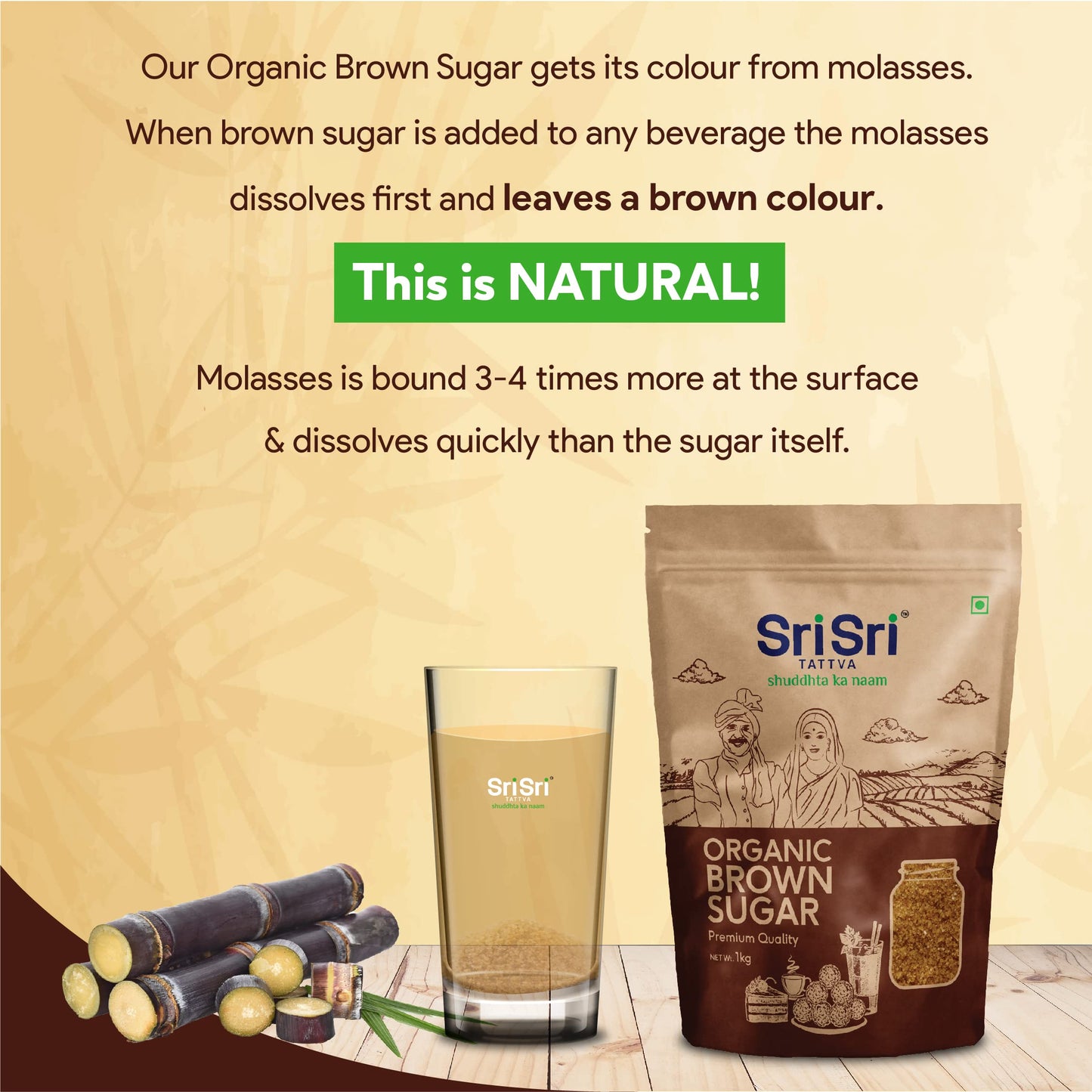 Sri Sri Tattva Organic Brown Sugar - 1Kg (Pack Of 1) - Natural & Refined Cane Sugar - Prime Quality - Rich In Minerals