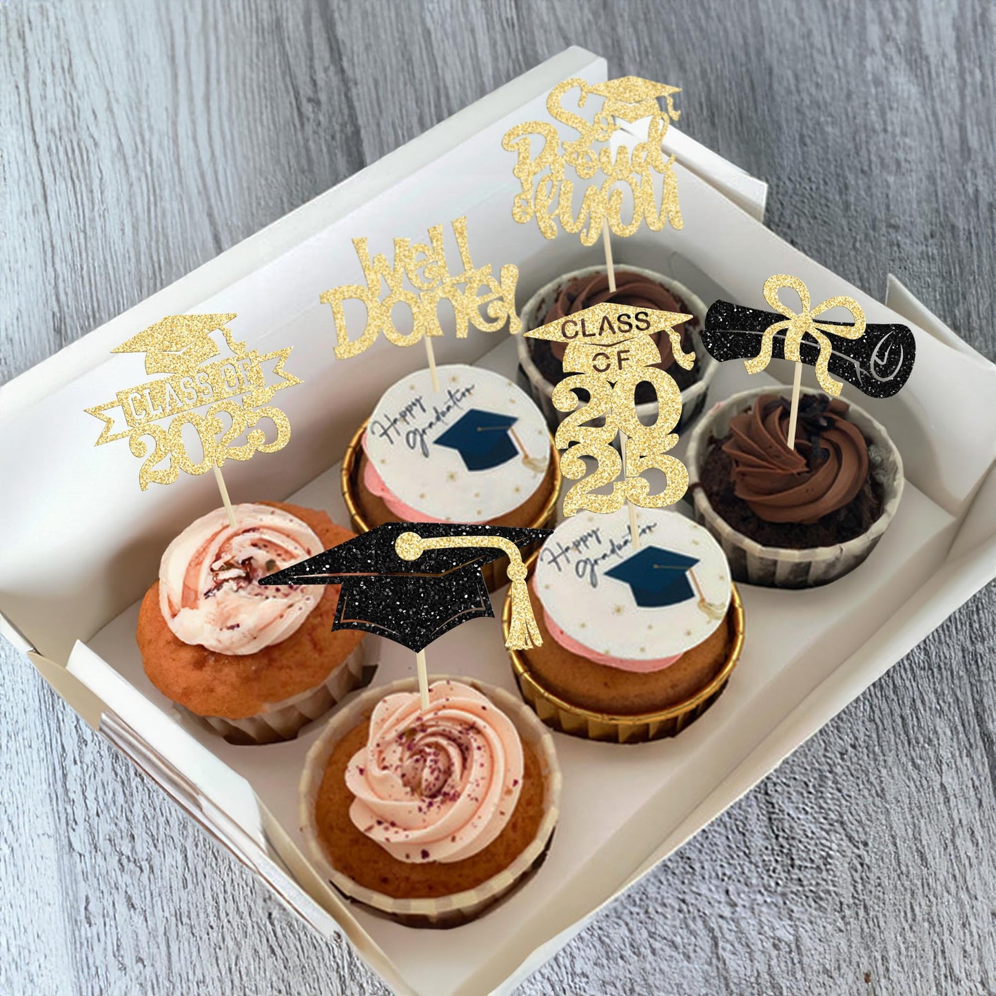 Gyufise 24Pcs Congrats Grad 2025 Cupcake Toppers Glitter 2025 Graduation Done Diploma Cupcake Picks Class Of 2025 Cupcake Decora
