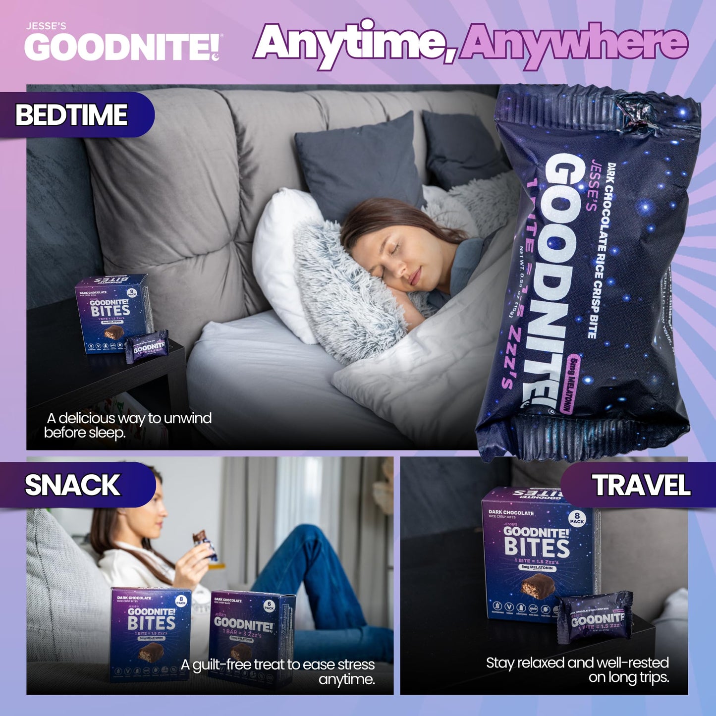 Jesses WakeUP! GOODNITE! Sleep Bites – Vegan Dark Chocolate Protein Snack with 5mg Melatonin – 8 Pack