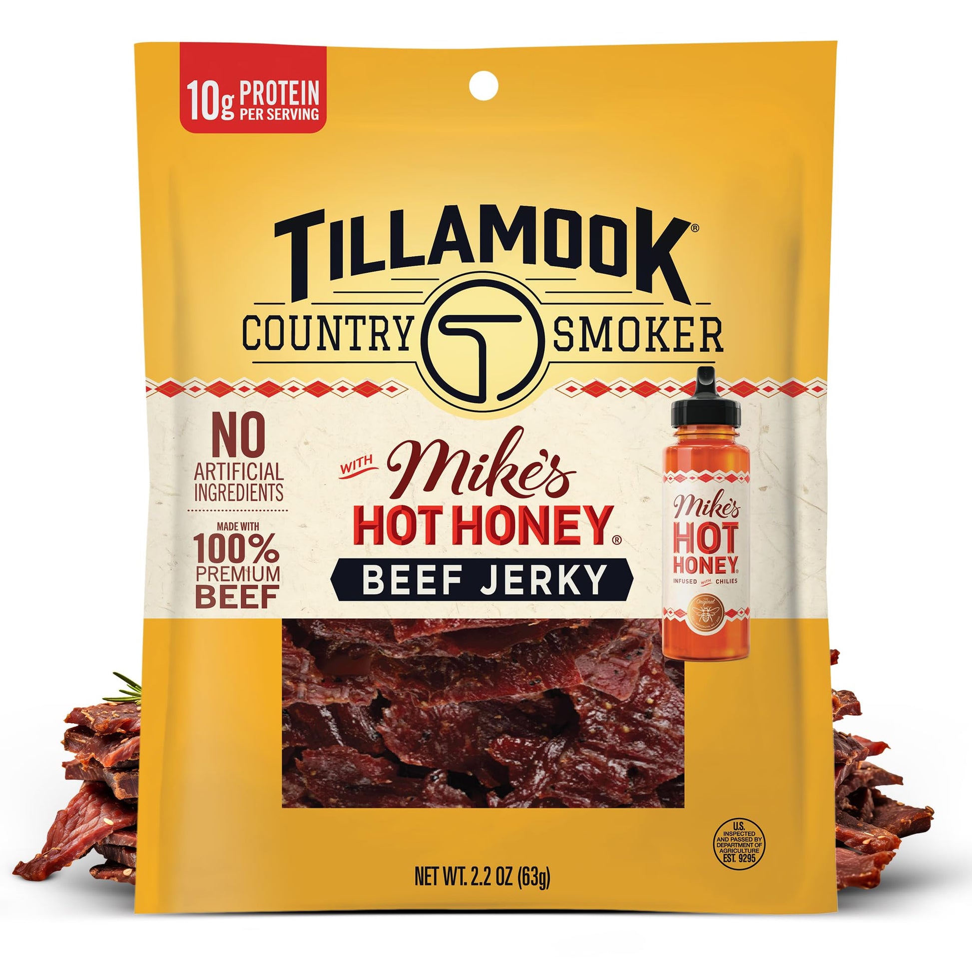 Tillamook Country Smoker Enhanced Beef Jerky, Mikes Hot Honey, 2.2 Ounce, Real Hardwood Smoked Beef, Low Carb, High Protein, Ready To Eat Sweet & Spicy Snack