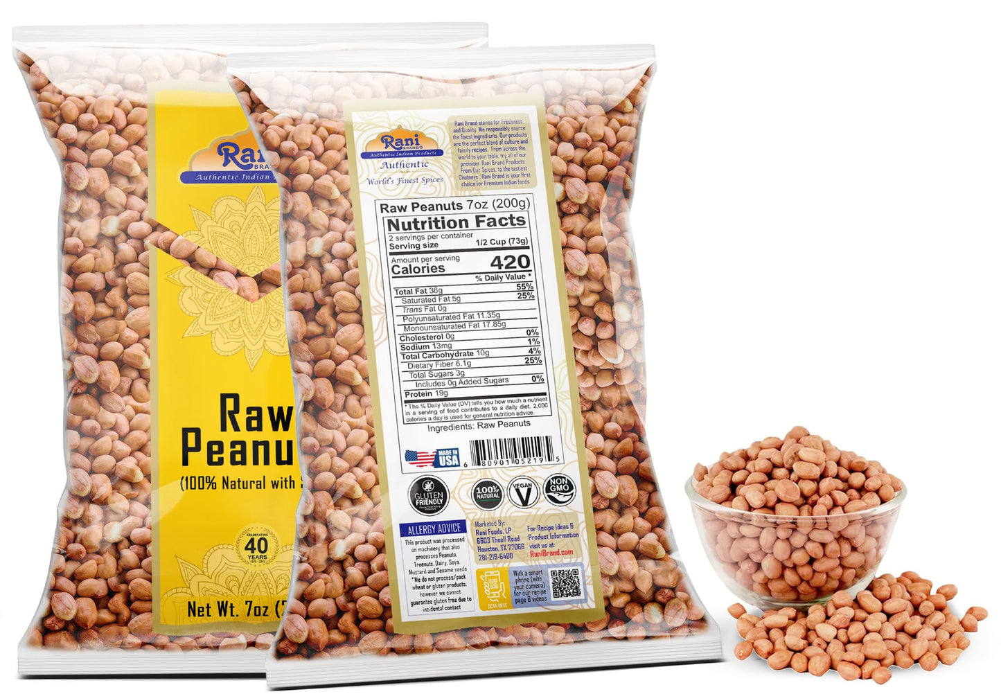 Rani Peanuts, Raw Whole With Skin (Uncooked, Unsalted) 7Oz (200G) ~ All Natural | Vegan | Gluten Friendly | Kosher | Fresh Product Of Usa ~ Spanish Grade Groundnut/Red-Skin