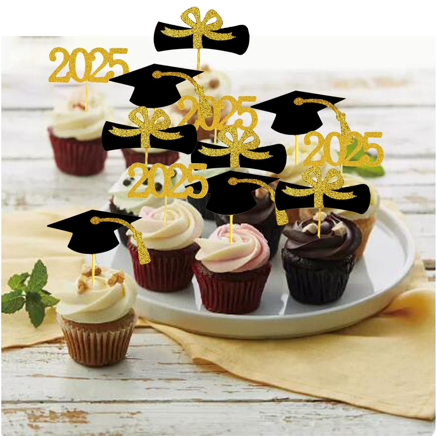 YuBoBo Graduation Cupcake Toppers, 48 PCS Food Picks, Gold, Paper, Grad Cap & Diploma Decorations