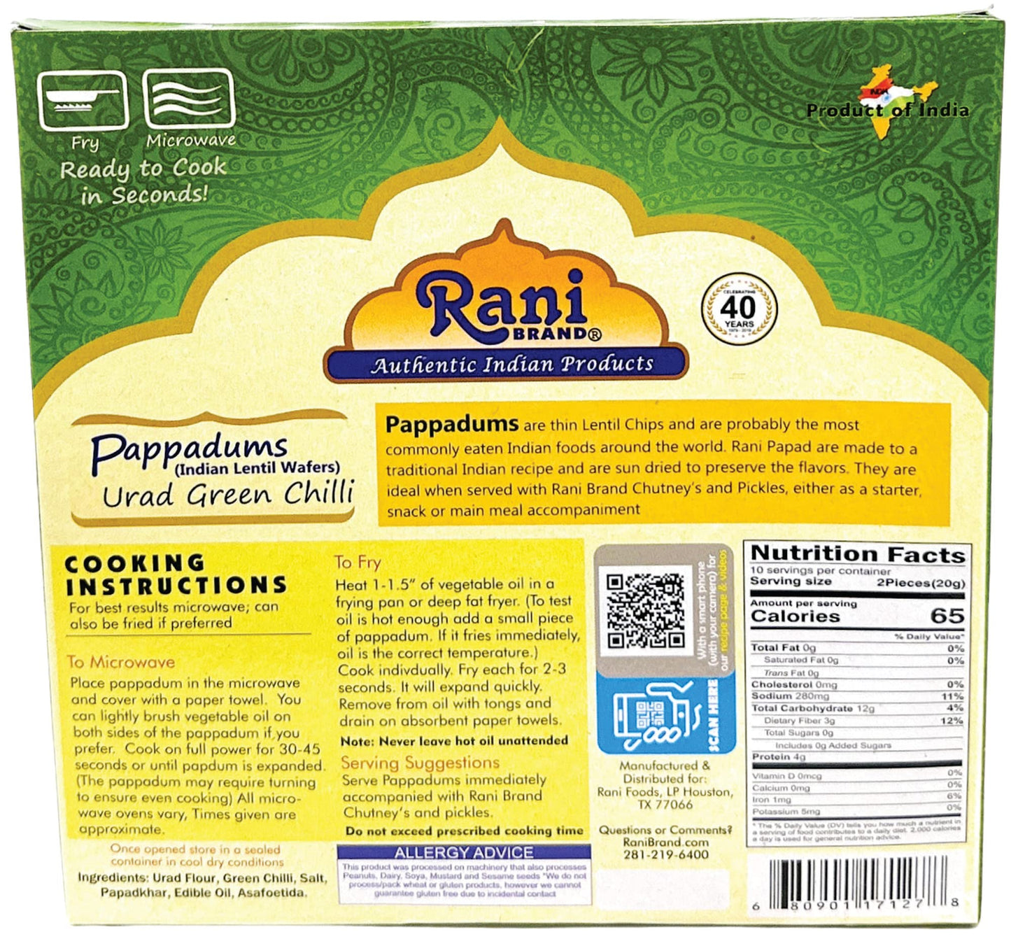 Rani Pappadums (Indian Lentil Wafer Snack) Green Chilli Papad 7Oz (200G) Approximately 15Pc, 7 Inches, Pack Of 2 ~ All Natural |