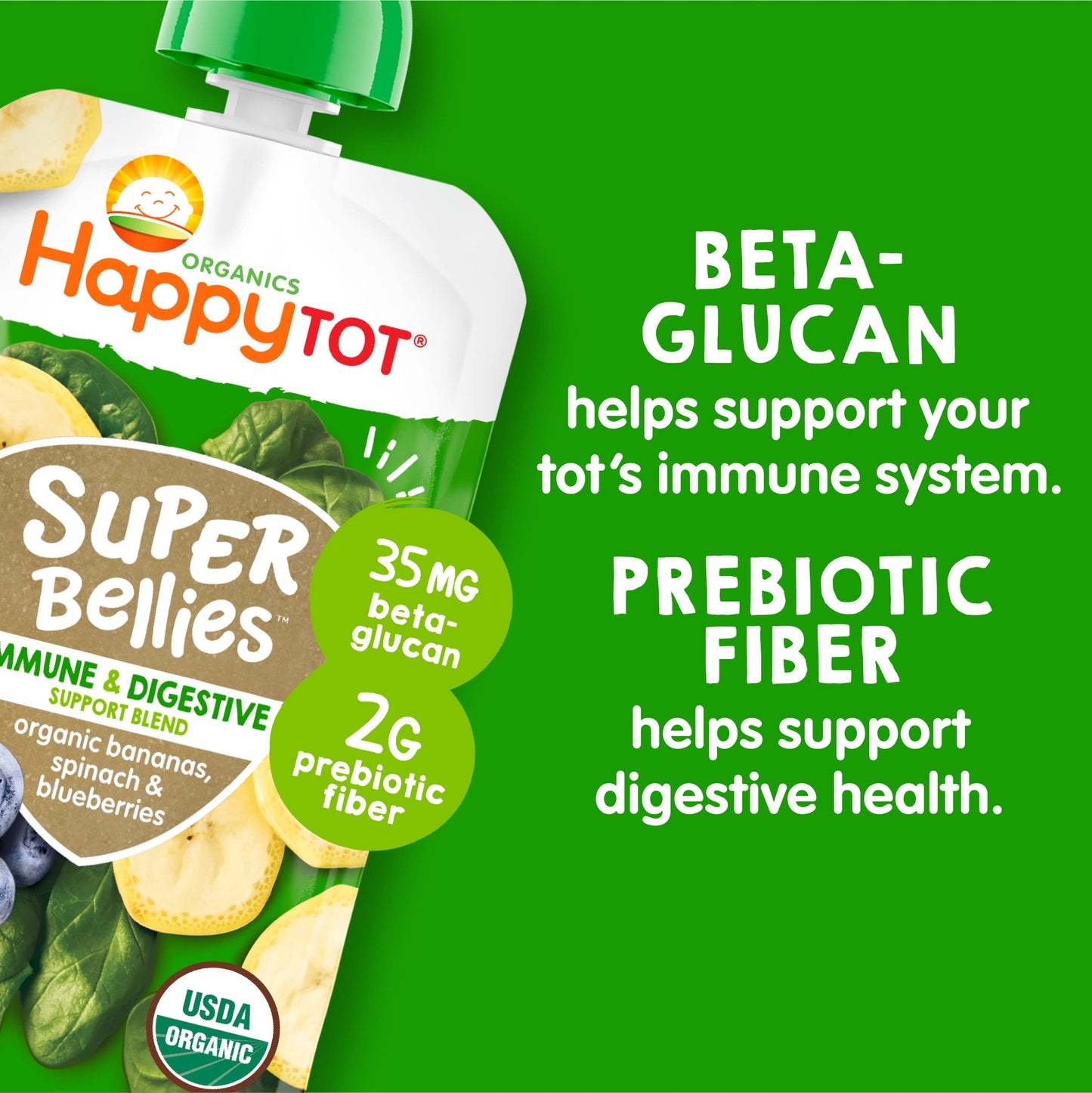 Happy Tot Organics Stage 4 Baby Food Pouches, Gluten Free, Vegan Snack, Super Bellies, Fruit & Veggie Puree, Banana, Spinach & B