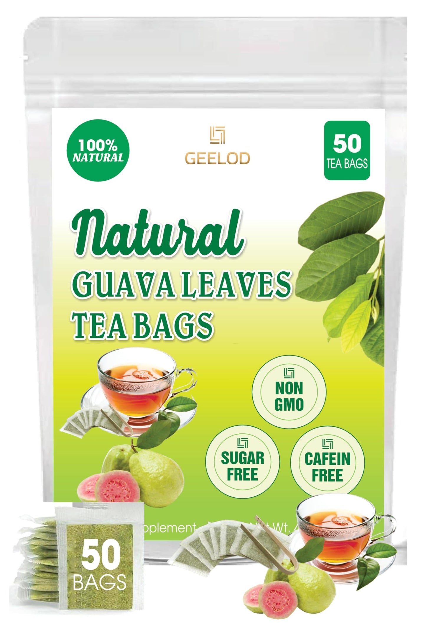 GEELOD Guava Leaf Tea Bags, 100% Natural, Caffeine-Free, Vegan, 50 Count, Guava Leaf Color
