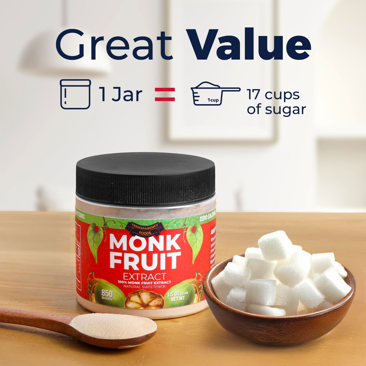 Transparency Foods Monk Fruit Sweetener - 100% Monk Fruit Extract, Zero Calories, Non-GMO, 1.5oz (850 servings)