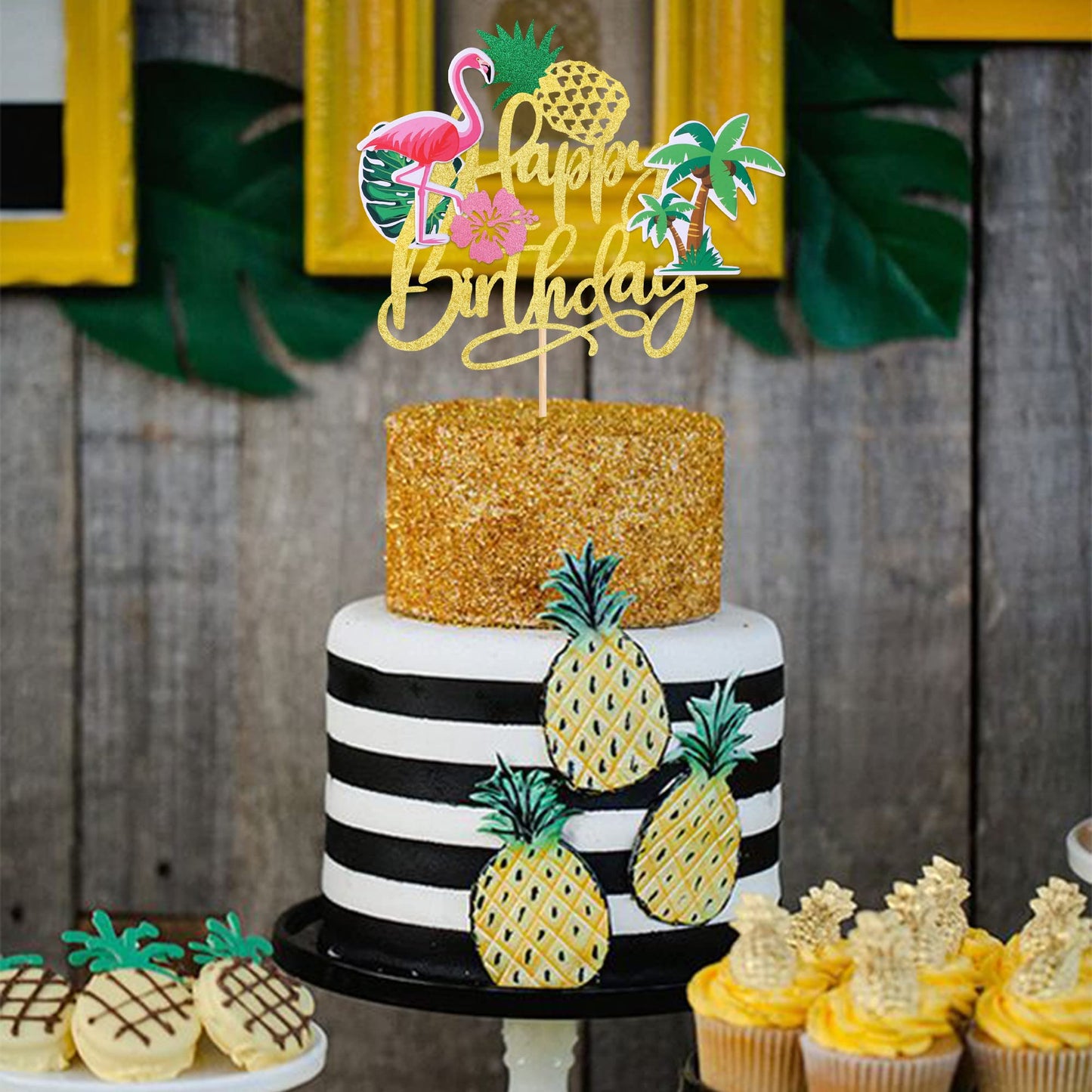 1 Pcs Flamingo Happy Birthday Cake Topper Glitter Palm Tree Turtle Leaf Flower Pineapple Flamingo Cake Pick Decorations For Tropical Hawaiian Luau Theme Baby Shower Kids Birthday Party Supplies