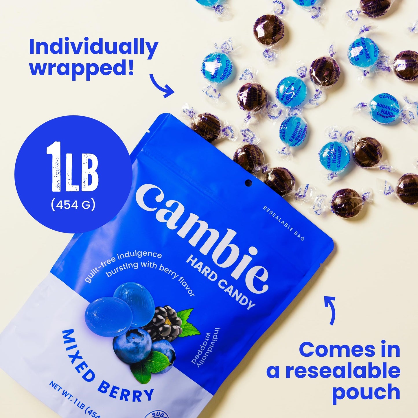 Cambie Sugar Free Mixed Berry Hard Candy - 1 lb Low Calorie Keto Friendly Snacks, Individually Wrapped, Resealable Pouch