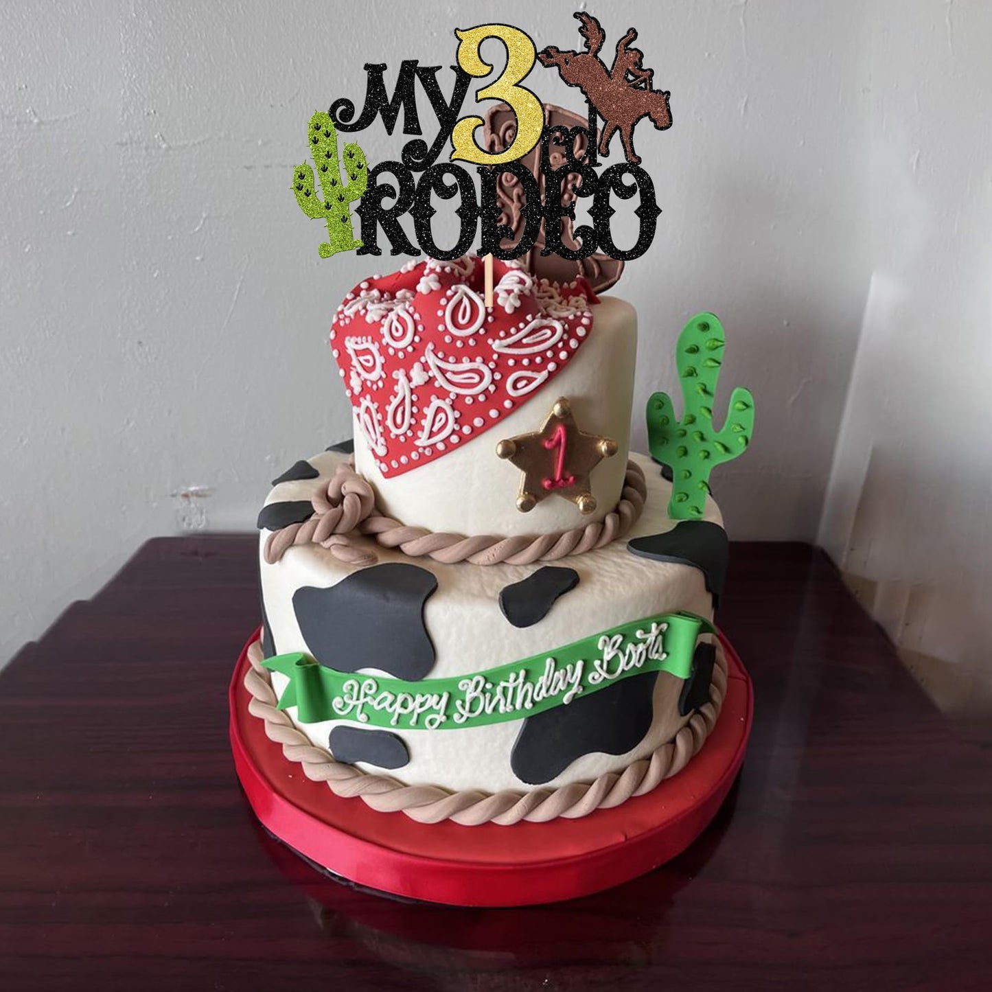 1 Pcs My 3Rd Rodeo Cake Topper Brown Glitter Cactus Third Birthday Cake Pick Decoration For Western Little Cowboy Theme Baby Sho
