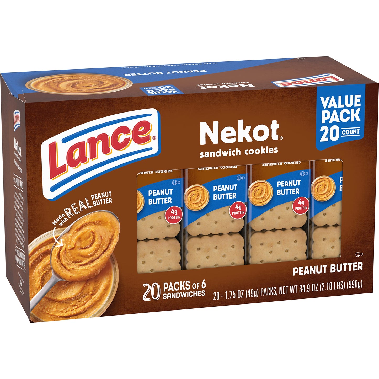 Lance Sandwich Cookies, Nekot Peanut Butter, 20 Individually Wrapped Packs, 6 Sandwiches Each (Pack of 6)