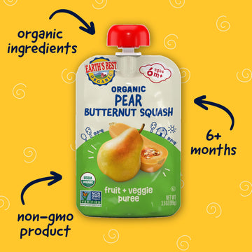 Earth'S Best Organic Pear Butternut Squash Fruit + Veggie Puree 3.5Oz Pouch (Pack Of 12)