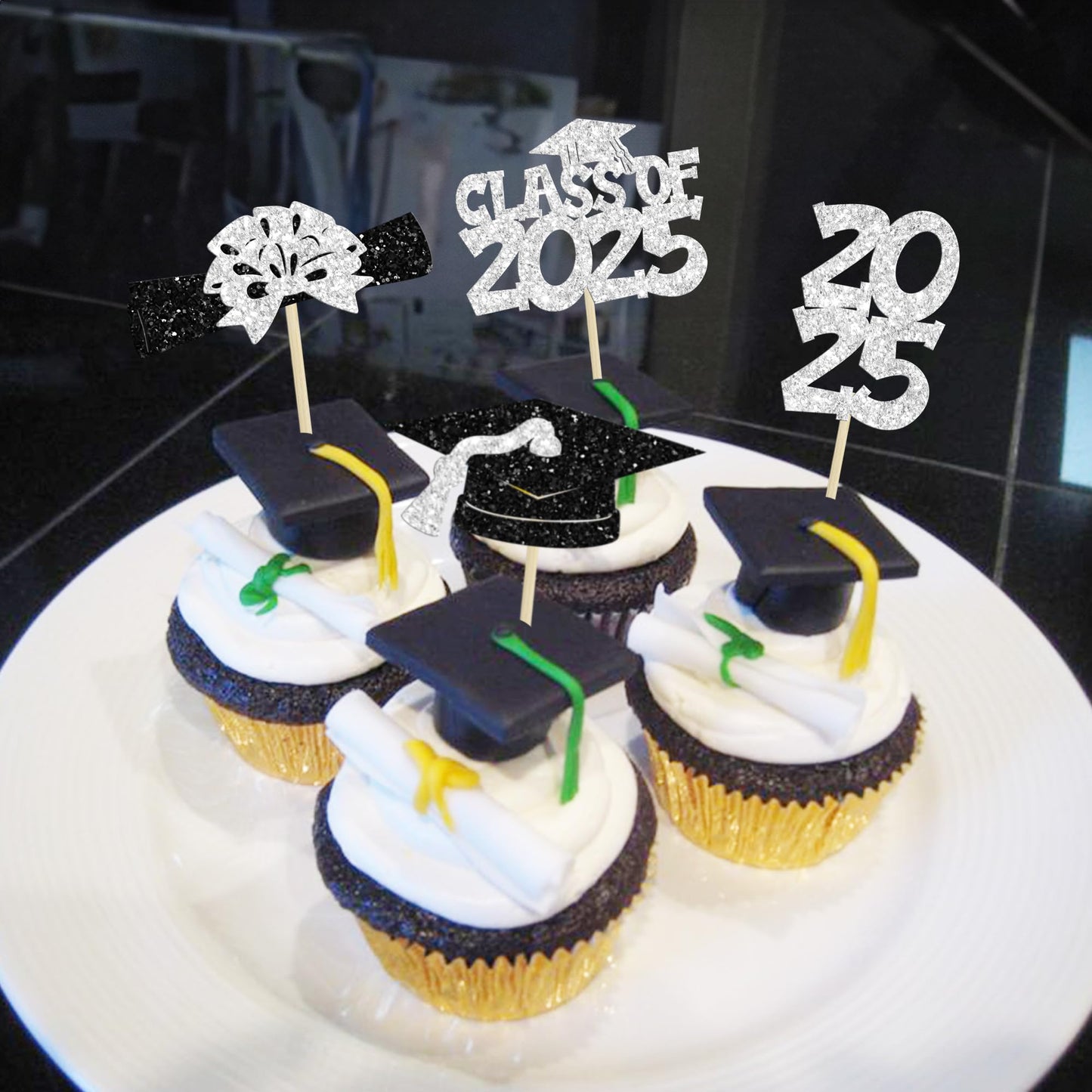 Ephlyn Cupcake Toppers 36Pcs Glitter Graduation Theme Class of 2025 Silver