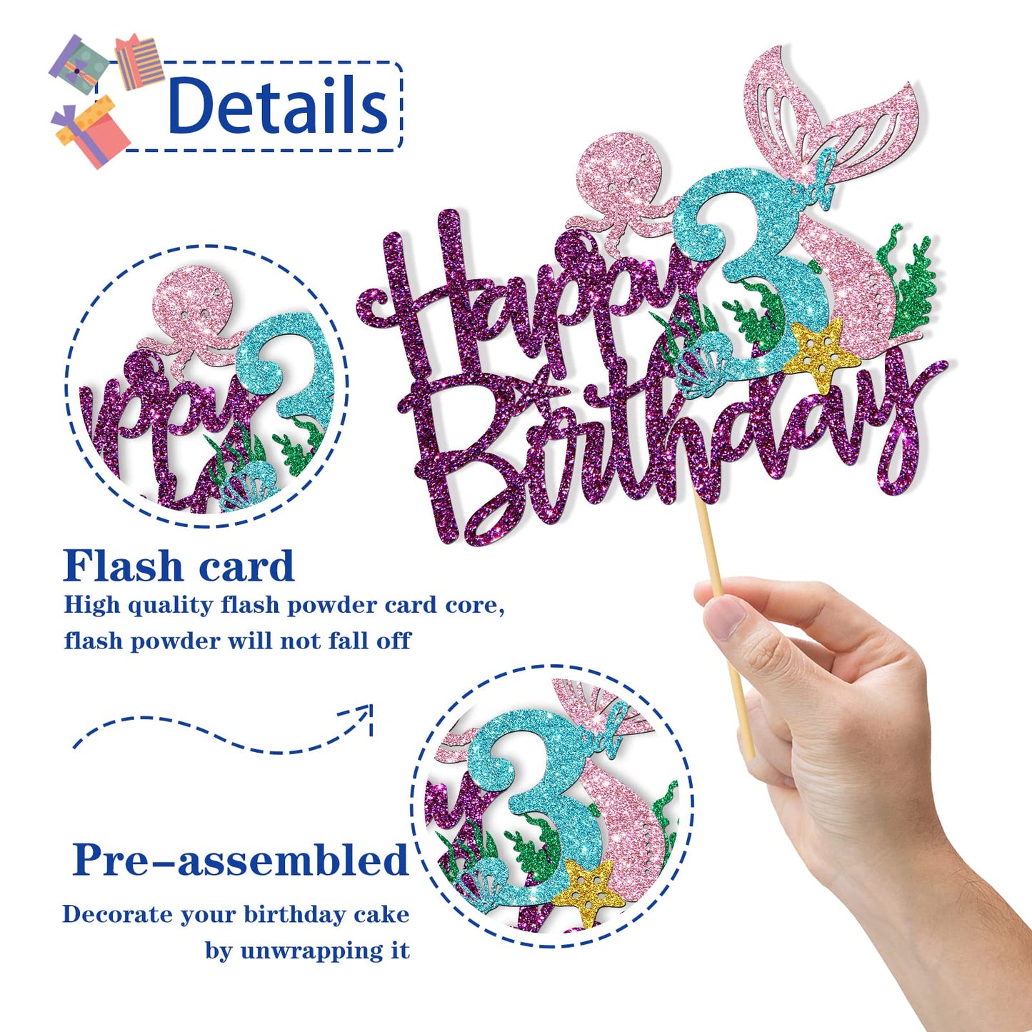 Roadsea Mermaid Happy 3Rd Brithday Cake Topper - Under The Sea Theme Girl Kid Three Birthday Cake Supplies/Ocean World 3Rd Merma
