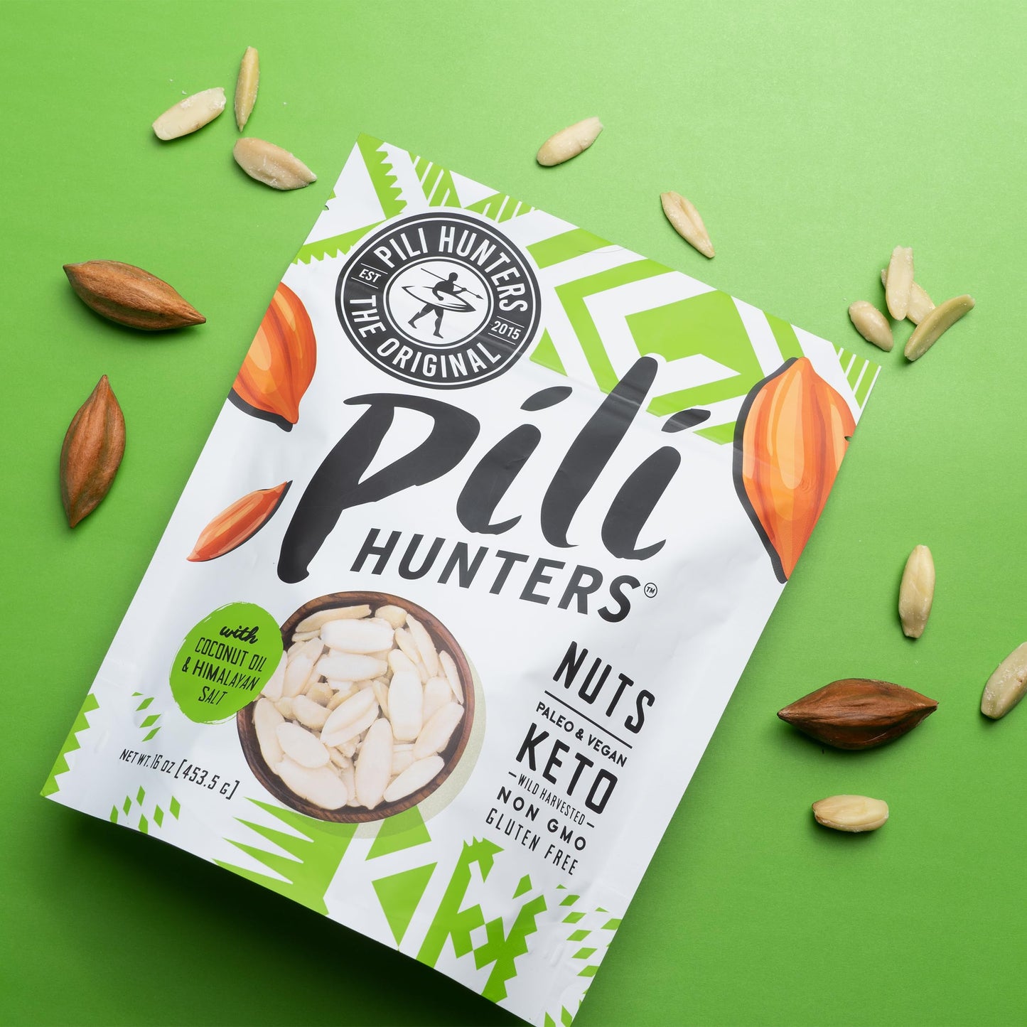 Pili Hunters Wild Sprouted Pili Nuts, Keto Vegan Snacks, 1lb Bag, Gluten Free, No Sugar Added, Low Carb Energy