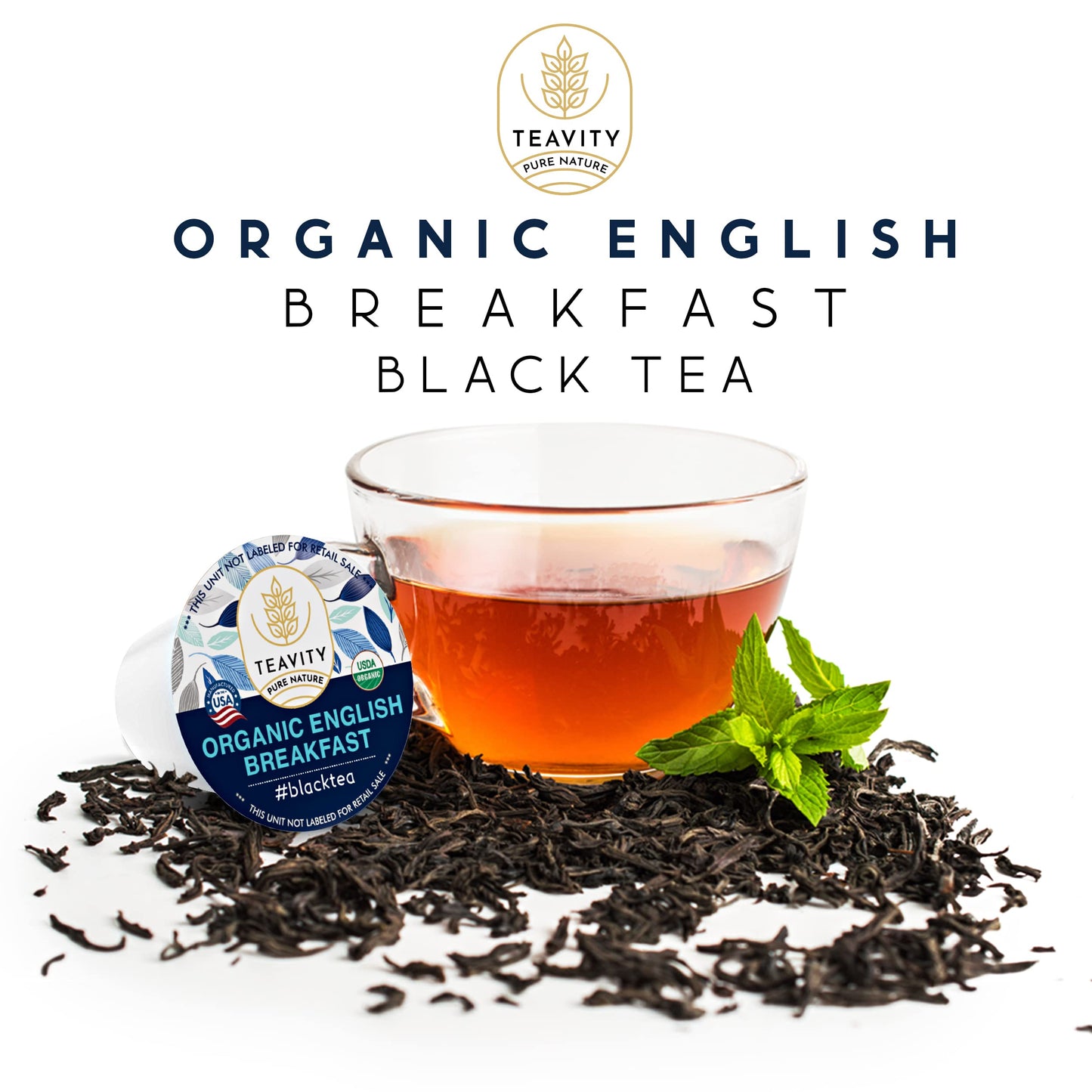Teavity Organic English Breakfast Tea Pods - Unsweetened Black Tea for Keurig, 12 Count