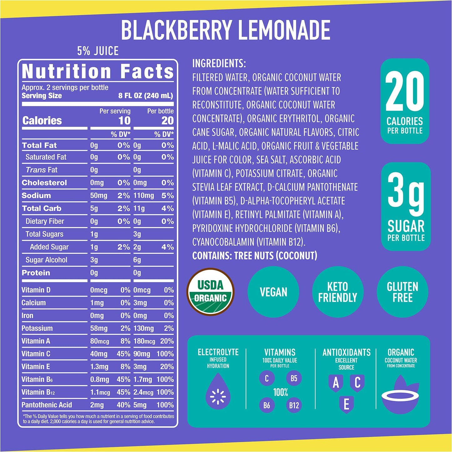 Roar Complete Hydration Organic - Electrolyte Drinks Loaded With Vitamins C, B5, B12 - Non-Gmo, Gluten-Free - Blackberry Lemonade - 12 Pc