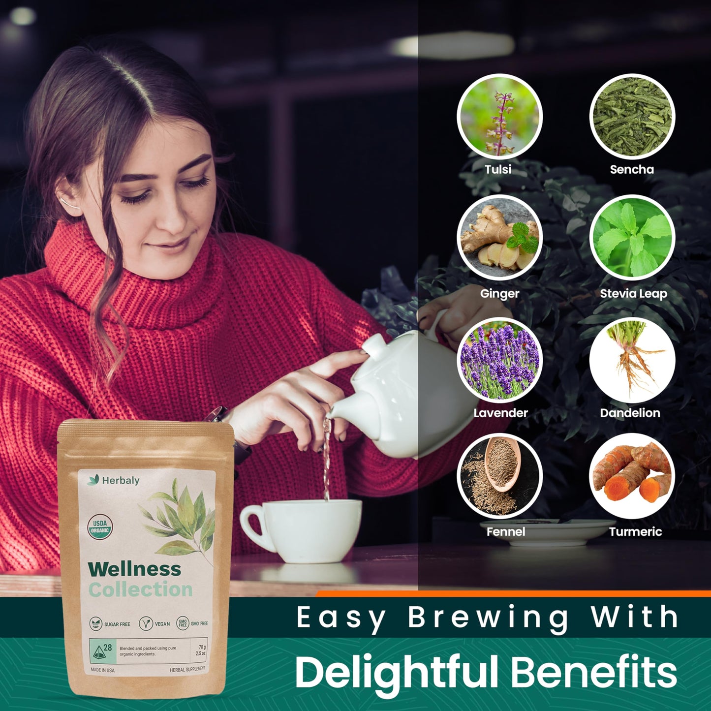 Herbaly Wellness Collection Tea - 8 Active Herbs, Organic, Non-GMO, Vegan - 84 Pyramid Tea Bags, Sugar Free - 3 Pack